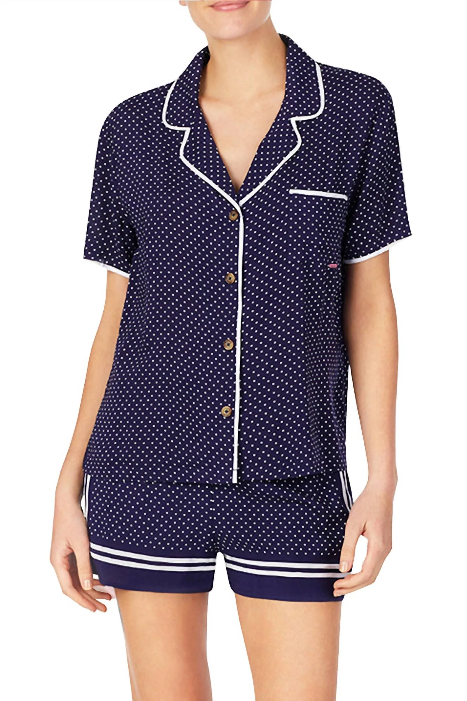 Notched Collar Front Patch Pocket Sleep Pajama Shirt In Navy