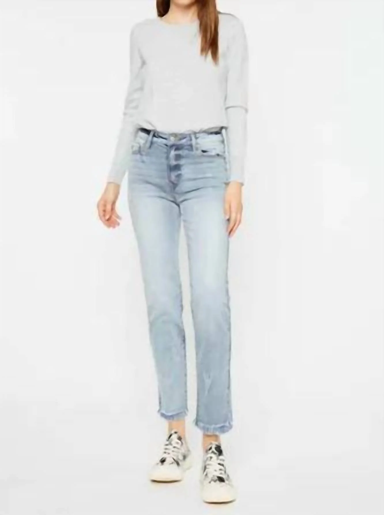 Muffy High Rise Side Slit Hem Straight Jeans In Light Stone Wash