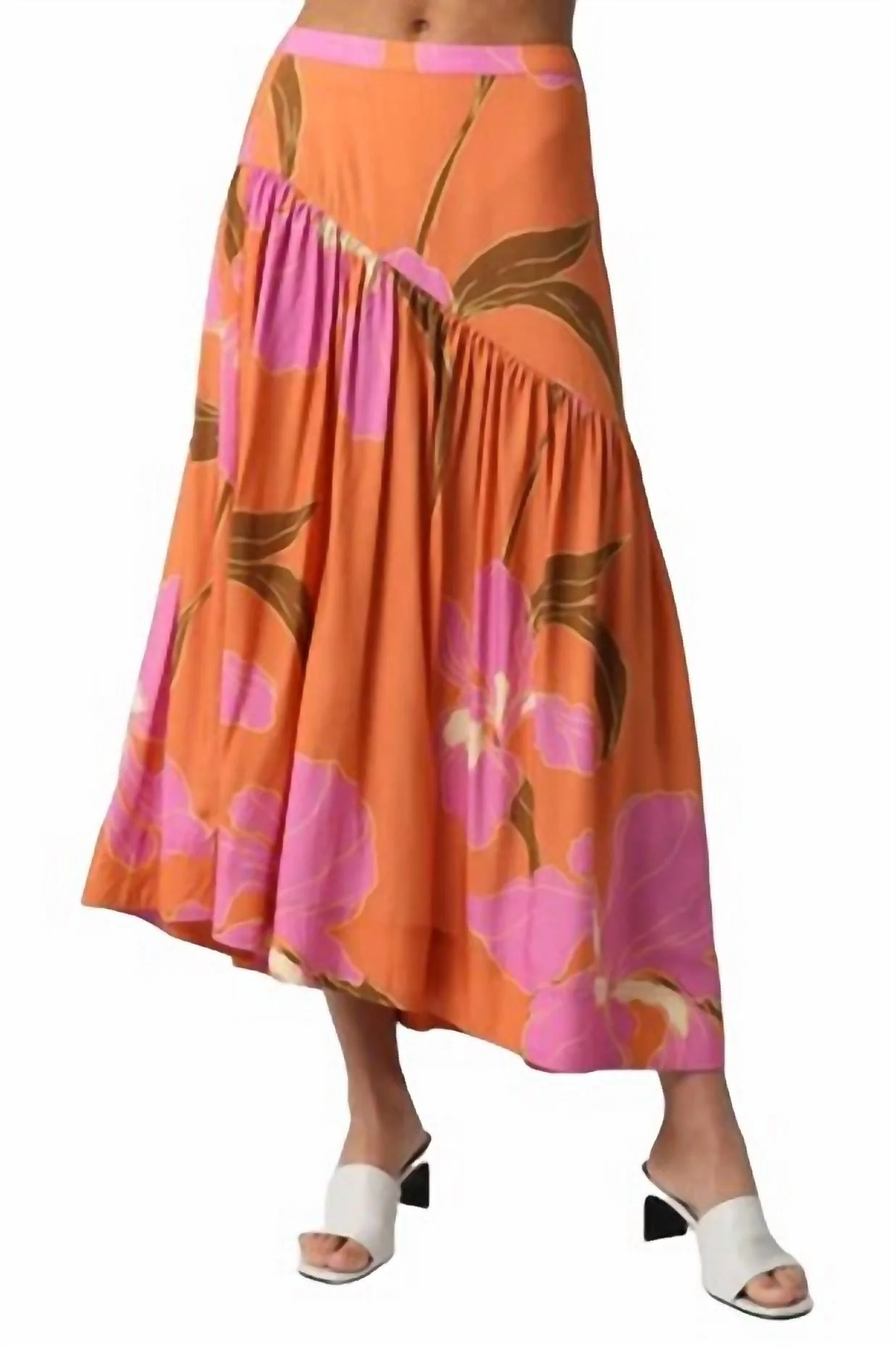 Floral Print Midi Skirt In Apricot Pink
