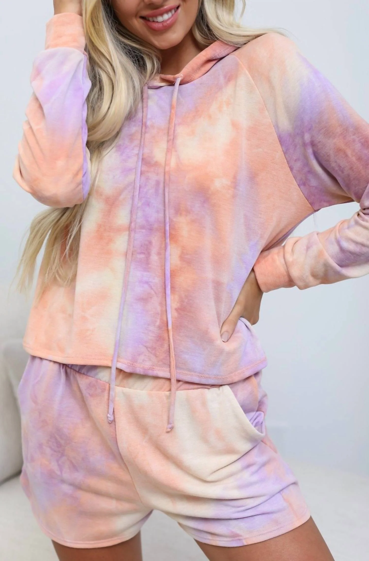 Tie-Dye French Terry Hoodie Set In Orange/lavender/banana