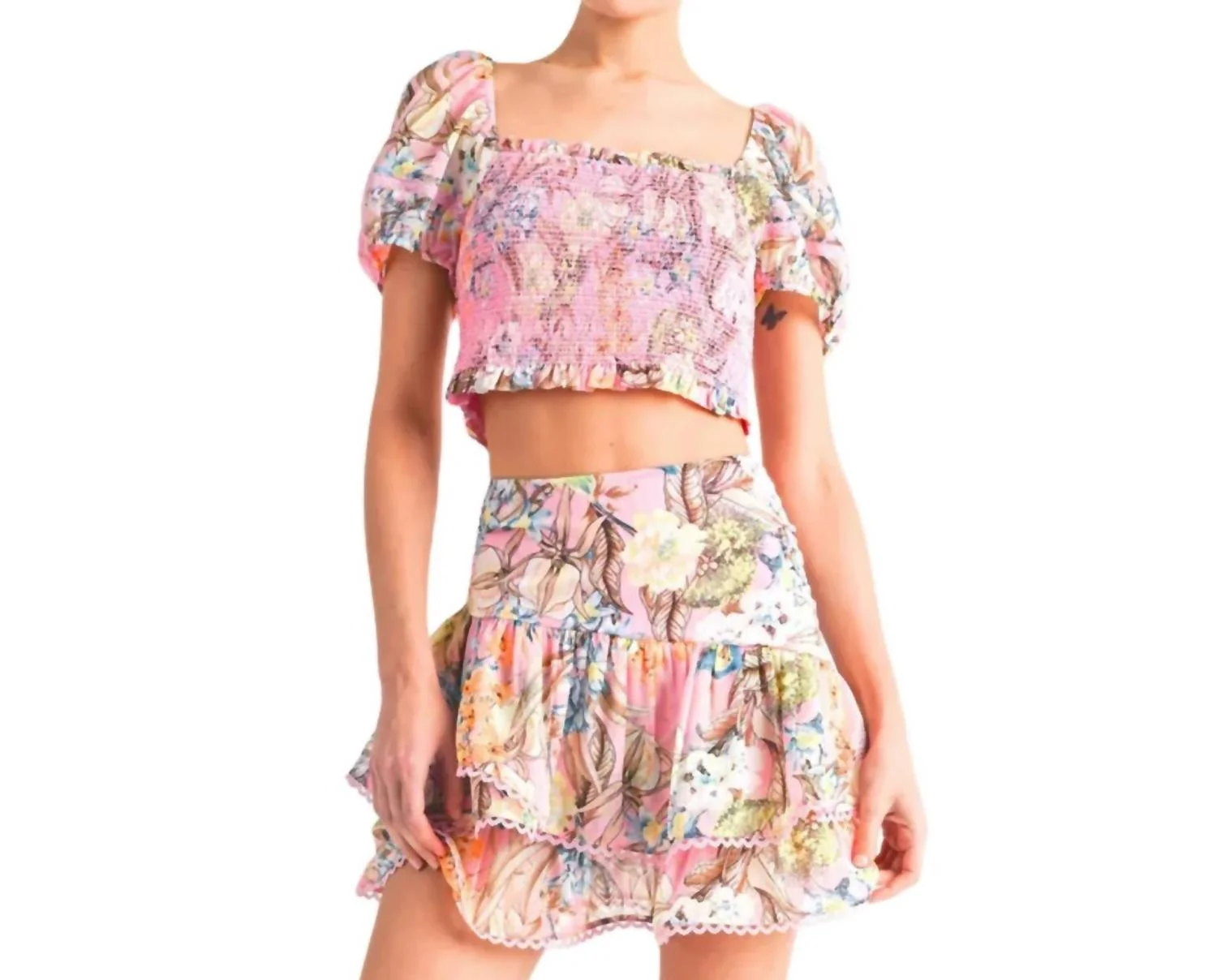 Tiered Skirt In Pink Floral