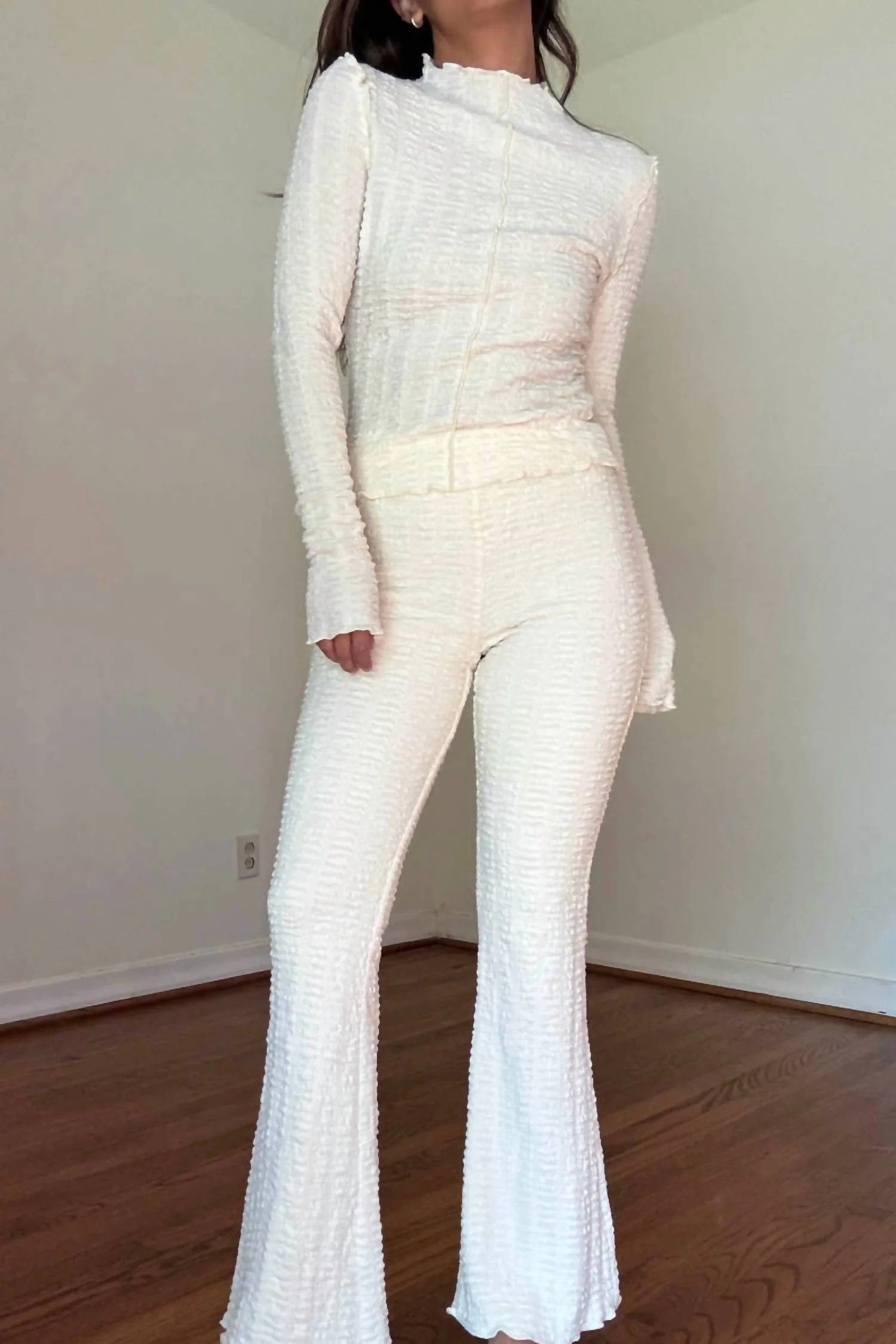 Textured High Neck Top & Flared Pants In Cream