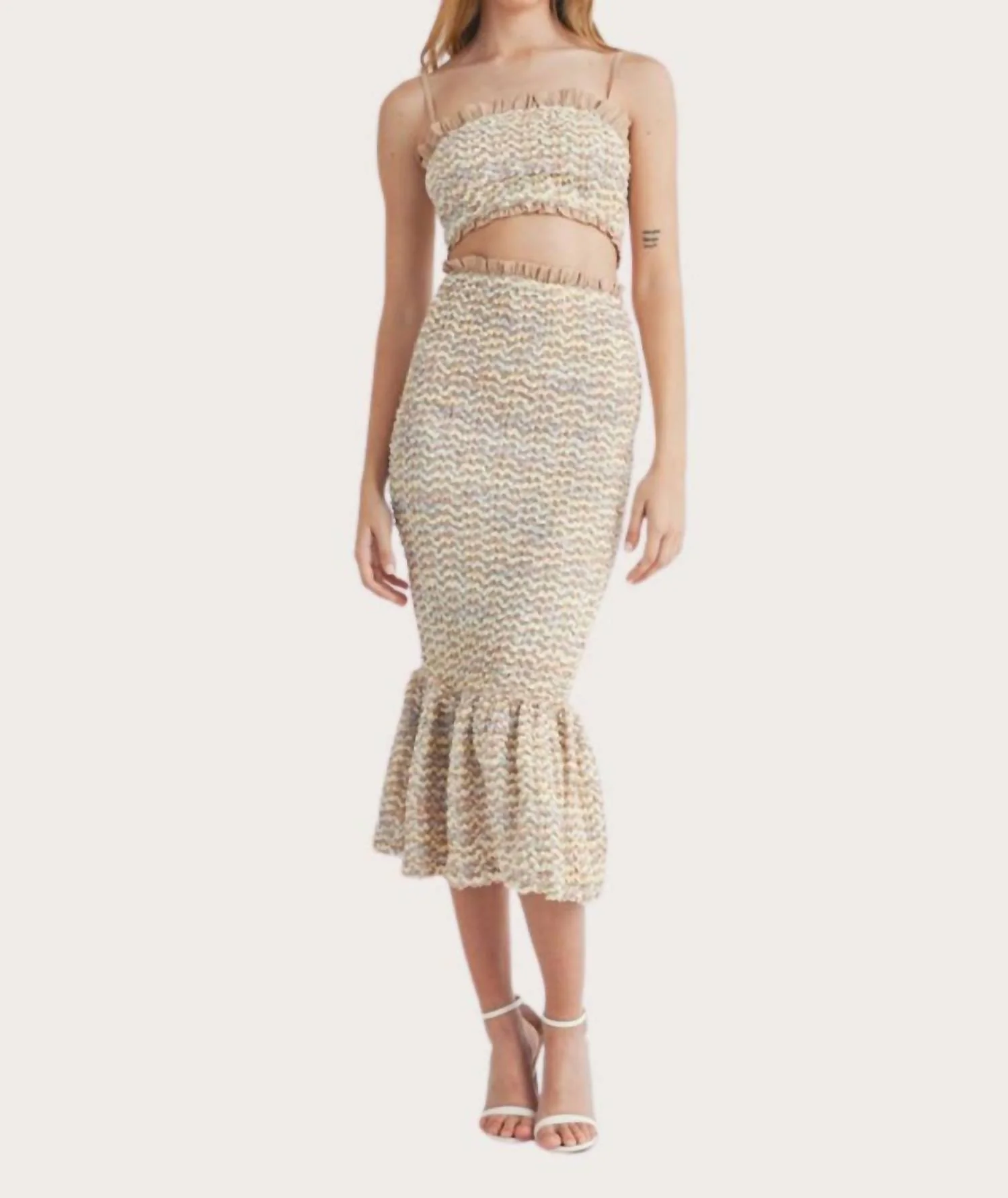 Smocked Ruffle Midi Skirt In Beige