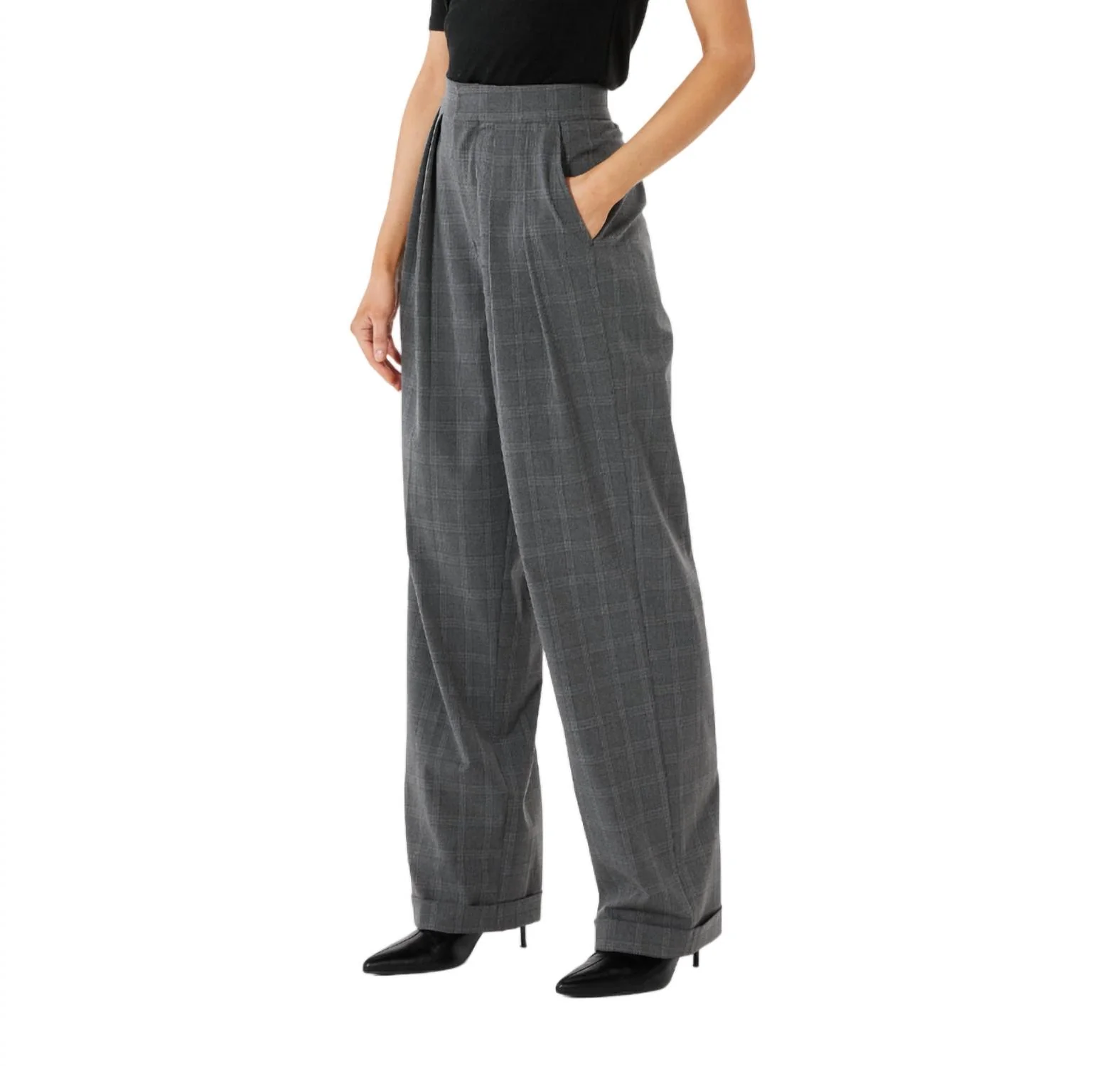 Double Pleat Trouser In Grey Plaid
