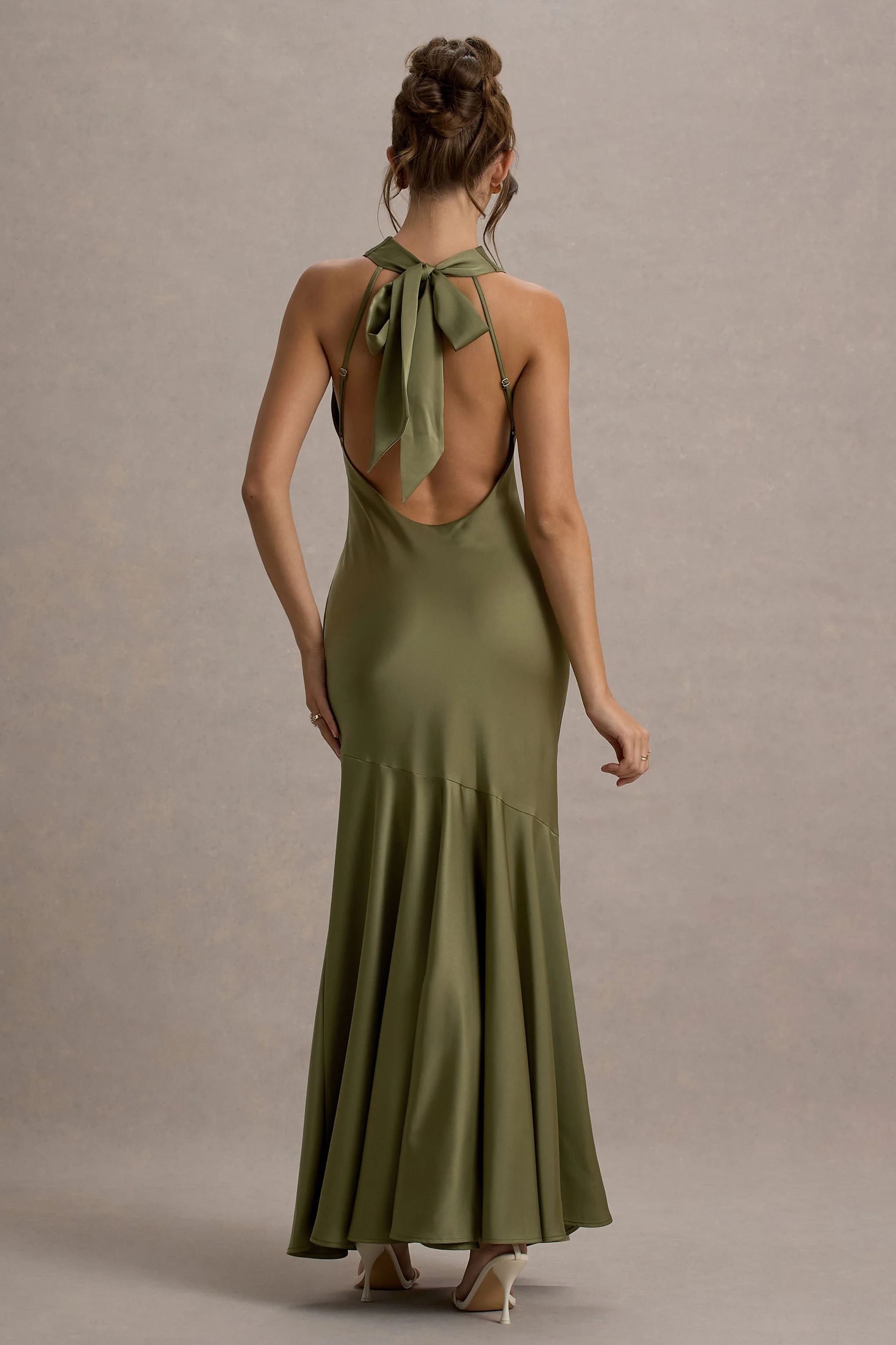 Amelita | Khaki Satin Cowl-Neck Maxi Dress