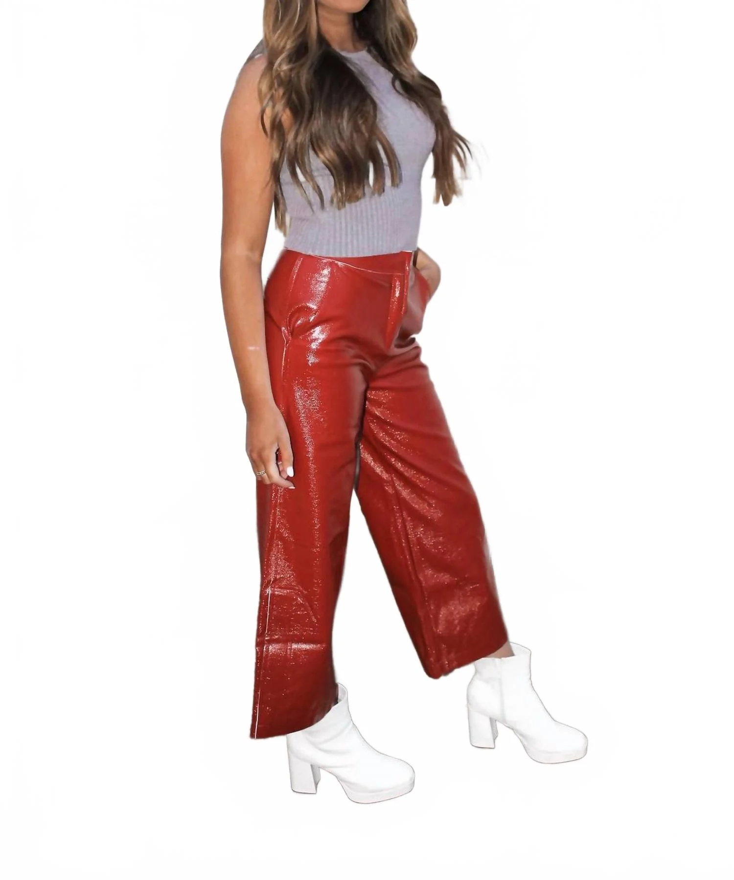 Shiny Faux Leather Pants In Dark Cherry