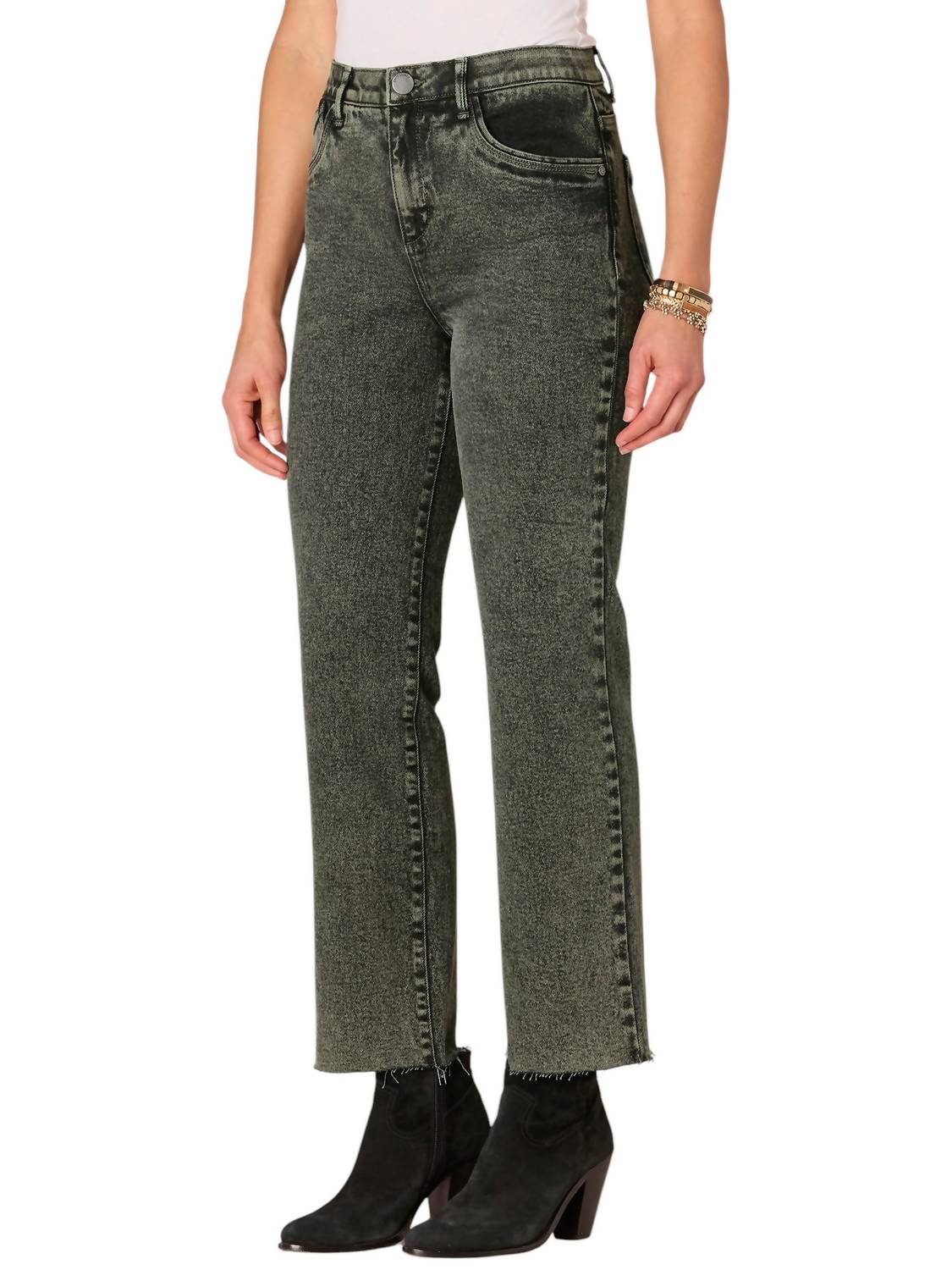 Skyrise Frayed Hem Barely Boot Jeans With V-Yoke In Washed Evergreen