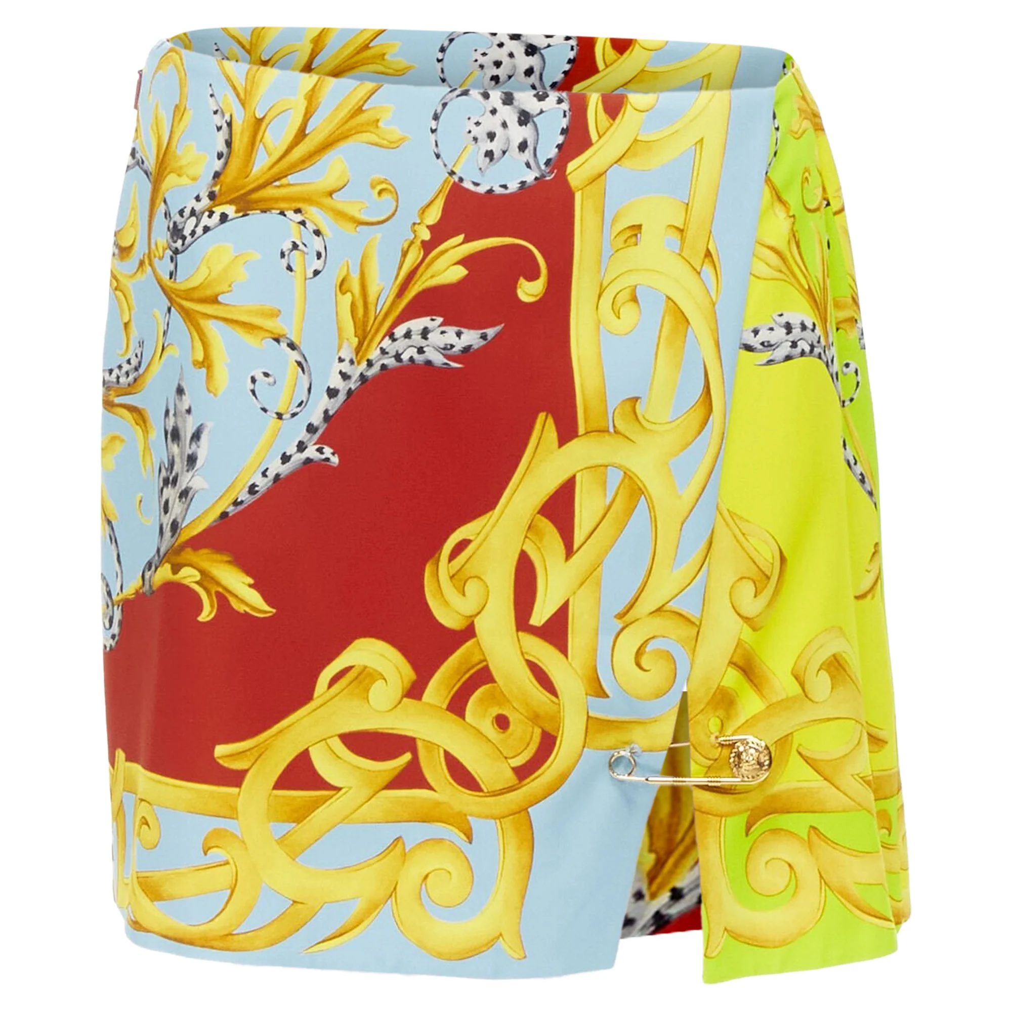 Versace Pop Acantus Barocco g Medusa safety pin slit mini skirt