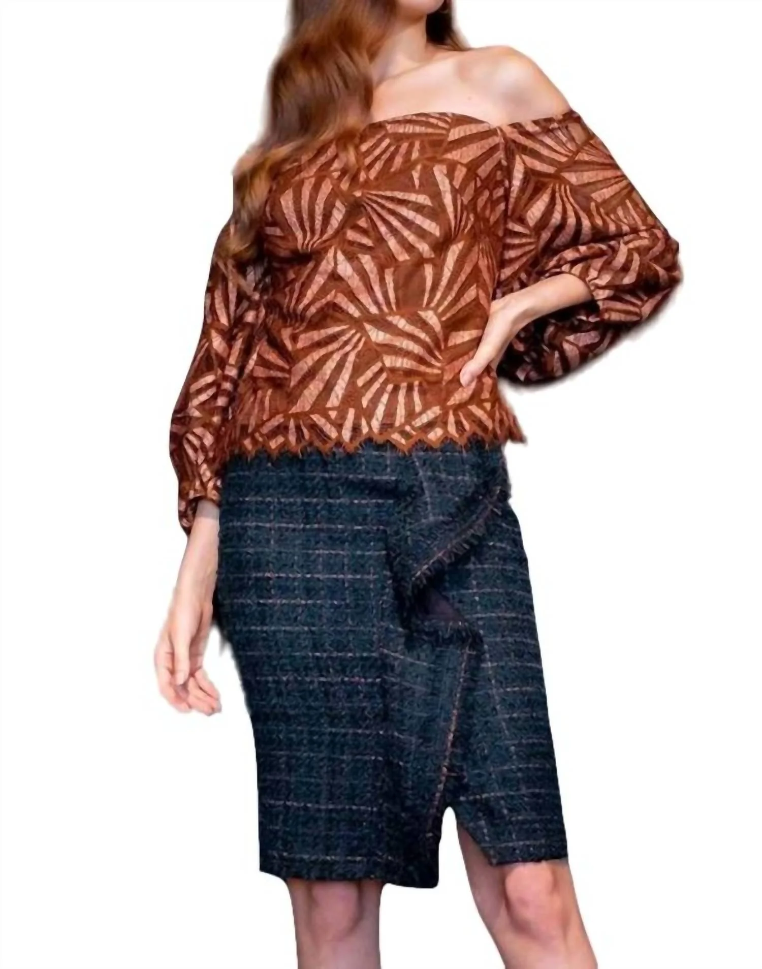 Tweed Pencil Skirt In Copper Teal