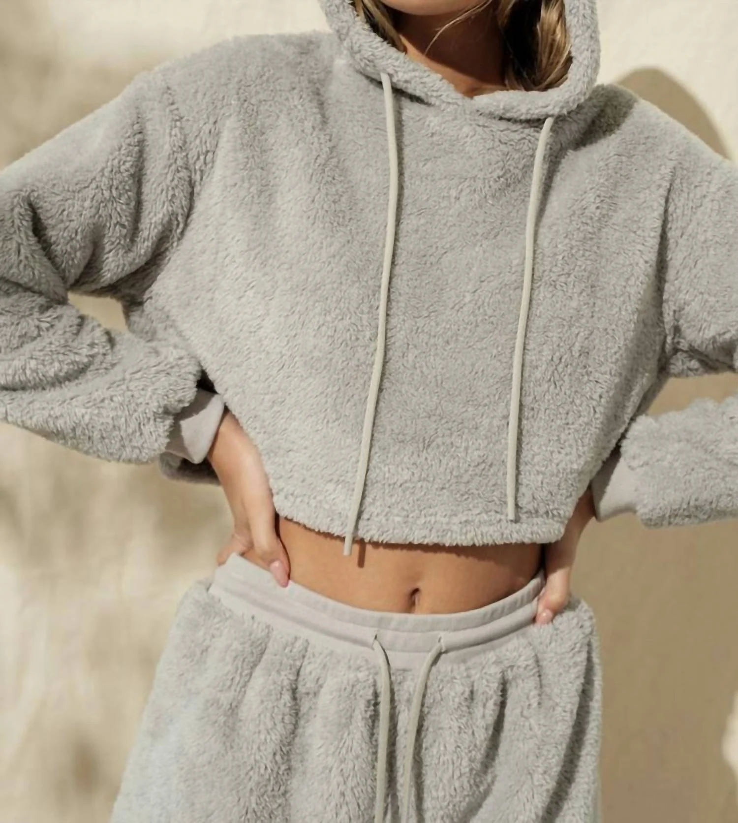 Fuzzy Cropped Hoodie And Short Set In Grey