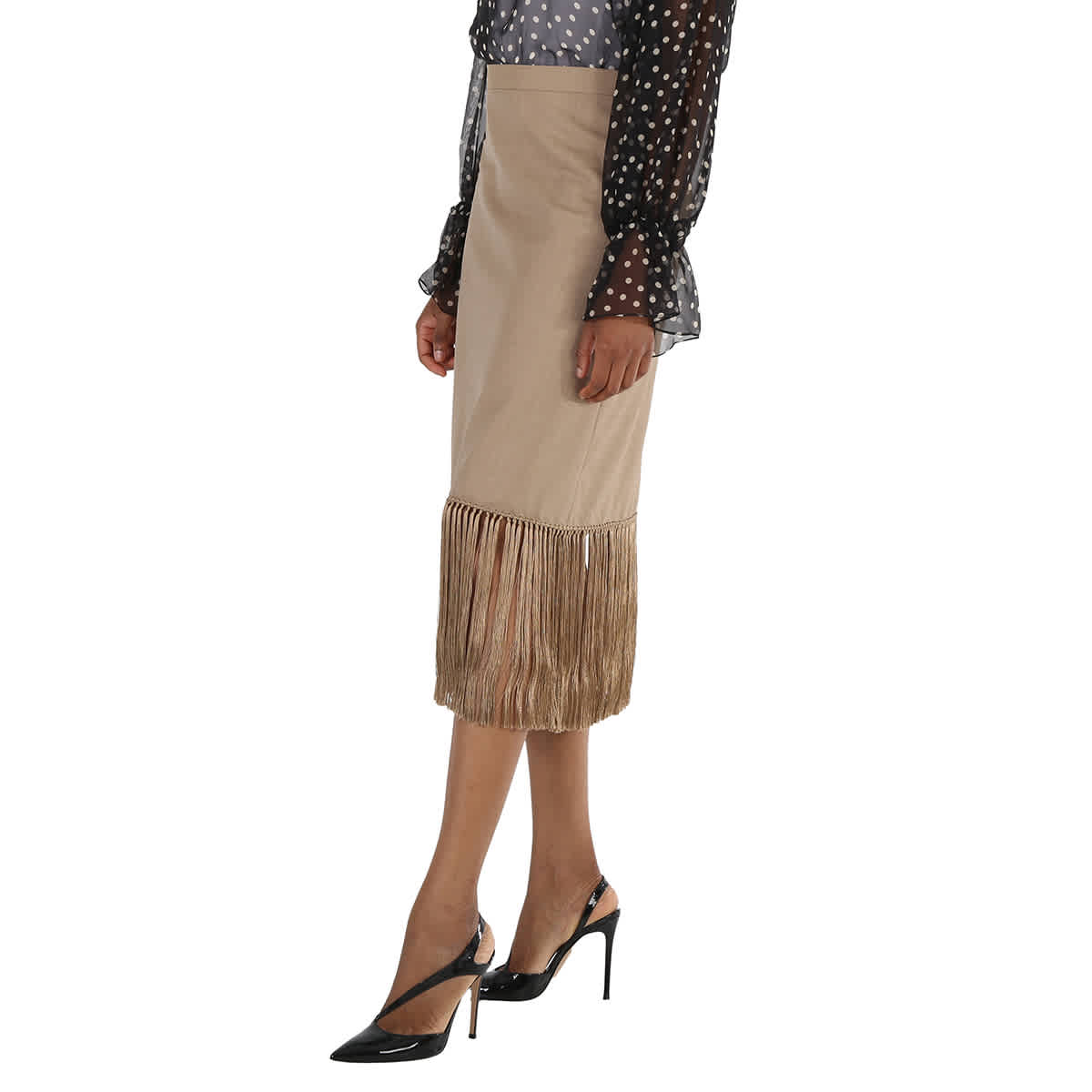 Burberry Ladies Pecan Melange High-waist Fring-hem Wool And Cashmere Skirt