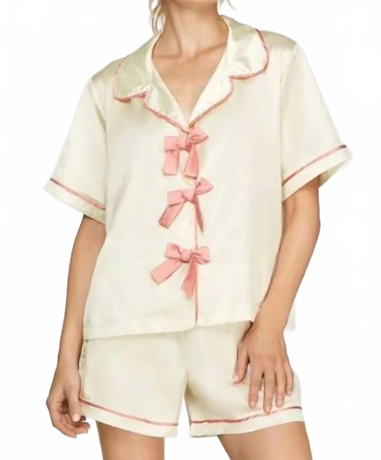 Satin Pajama Set In Cream/pink