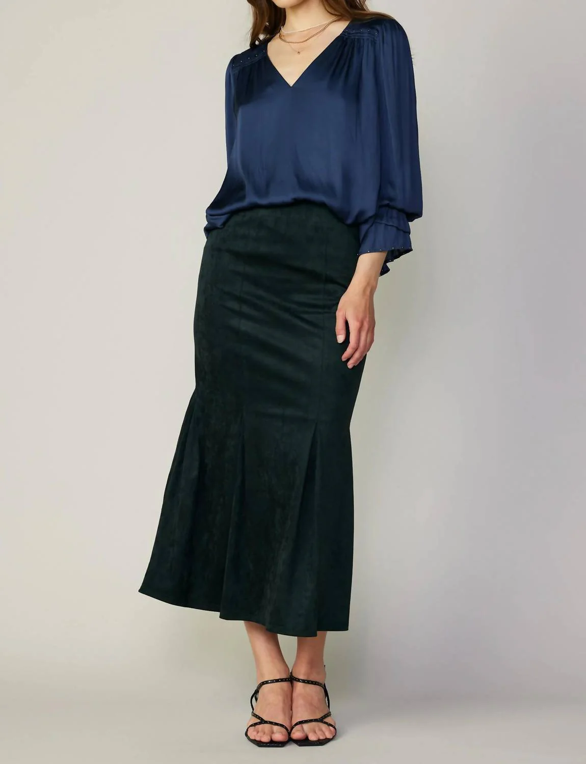 Vegan Suede Fishtail Skirt In Dark Green