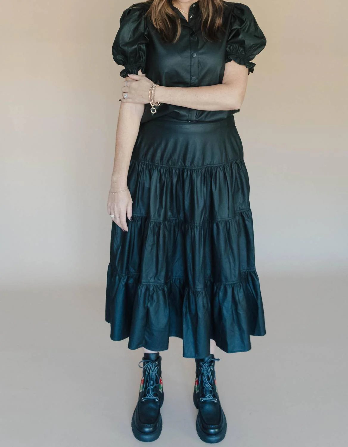 Hammer To The Heart Faux Leather Skirt Set In Black