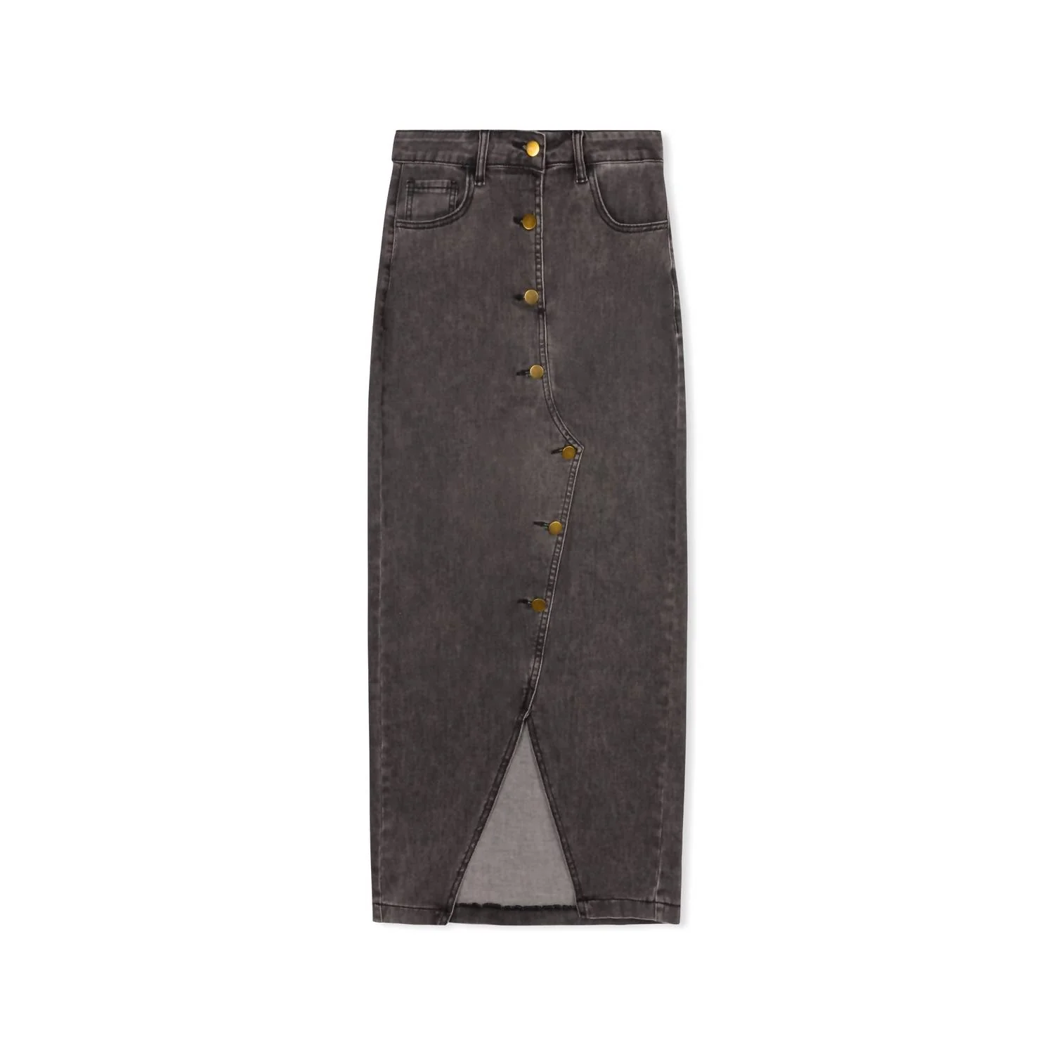Women's Button Front Stretch Denim Midi Skirt In Grey Wash