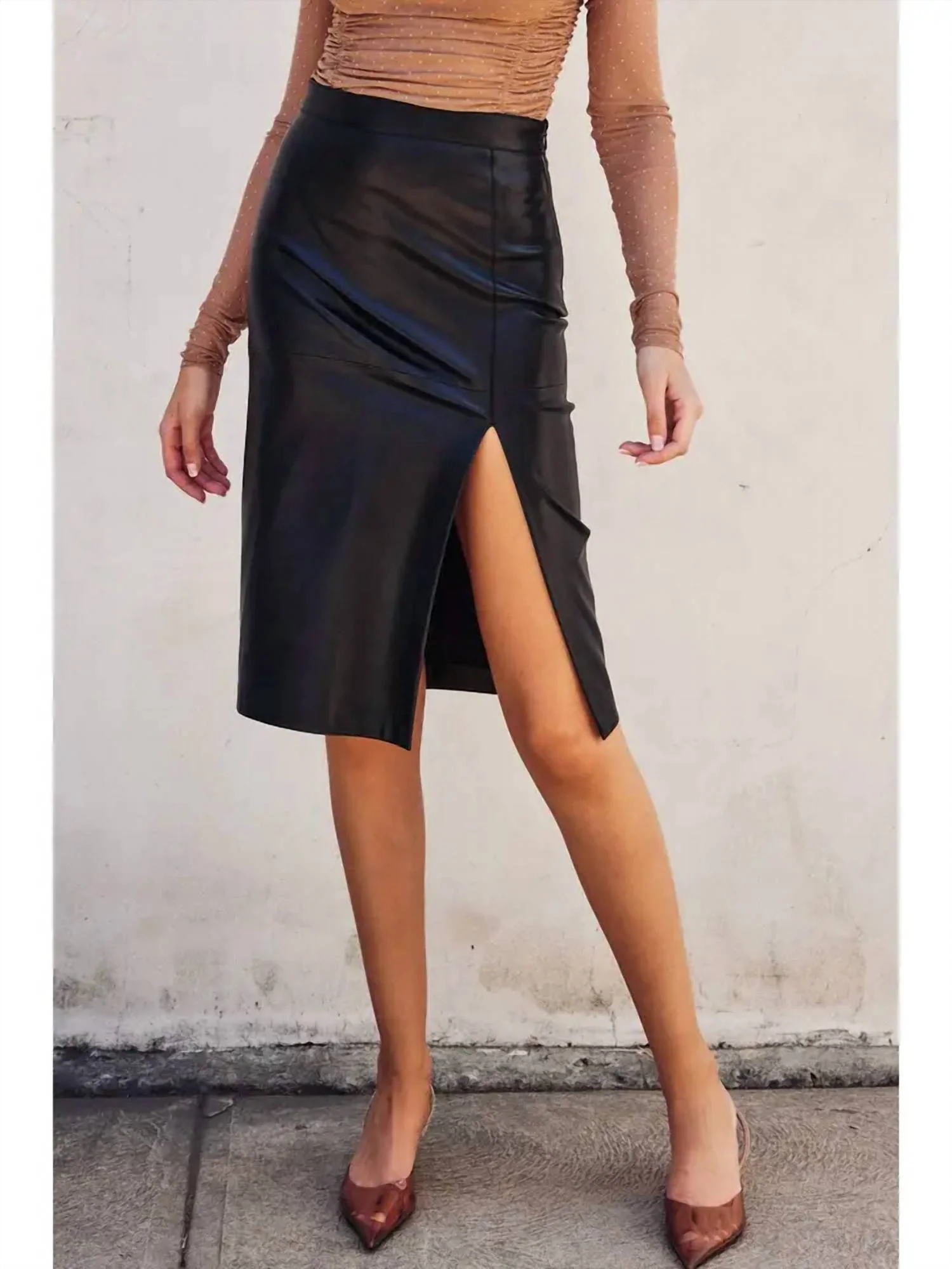 Lainey Faux Leather Midi Slit Skirt In Black