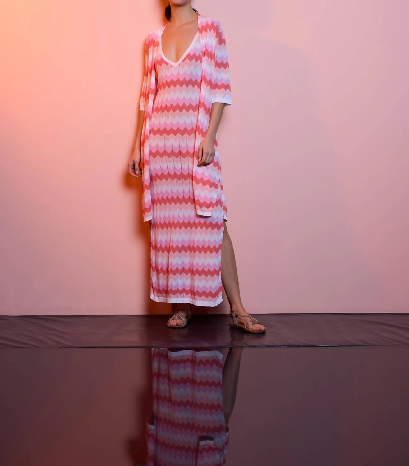 Evora Duster In Pink Multi