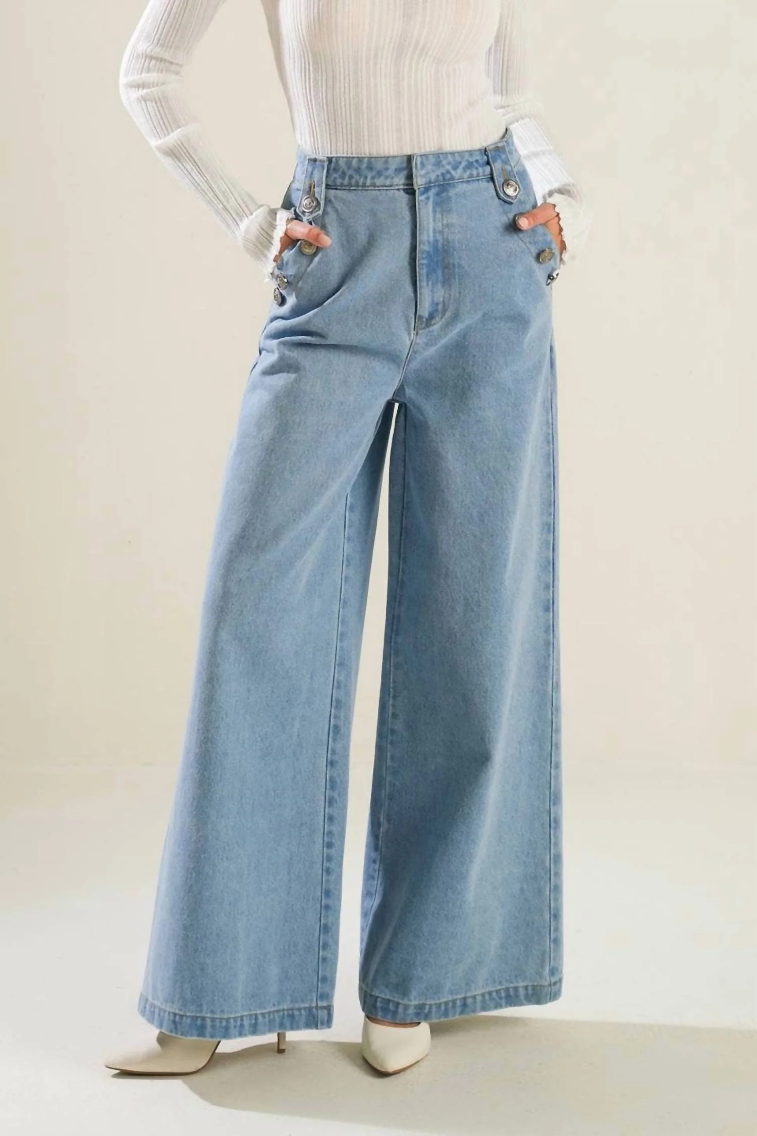 Wide Leg Washed Denim Jeans In Blue
