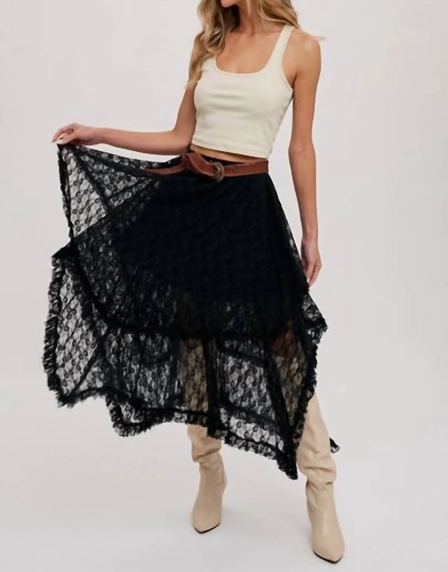 Lace Tier Midi Skirt In Black