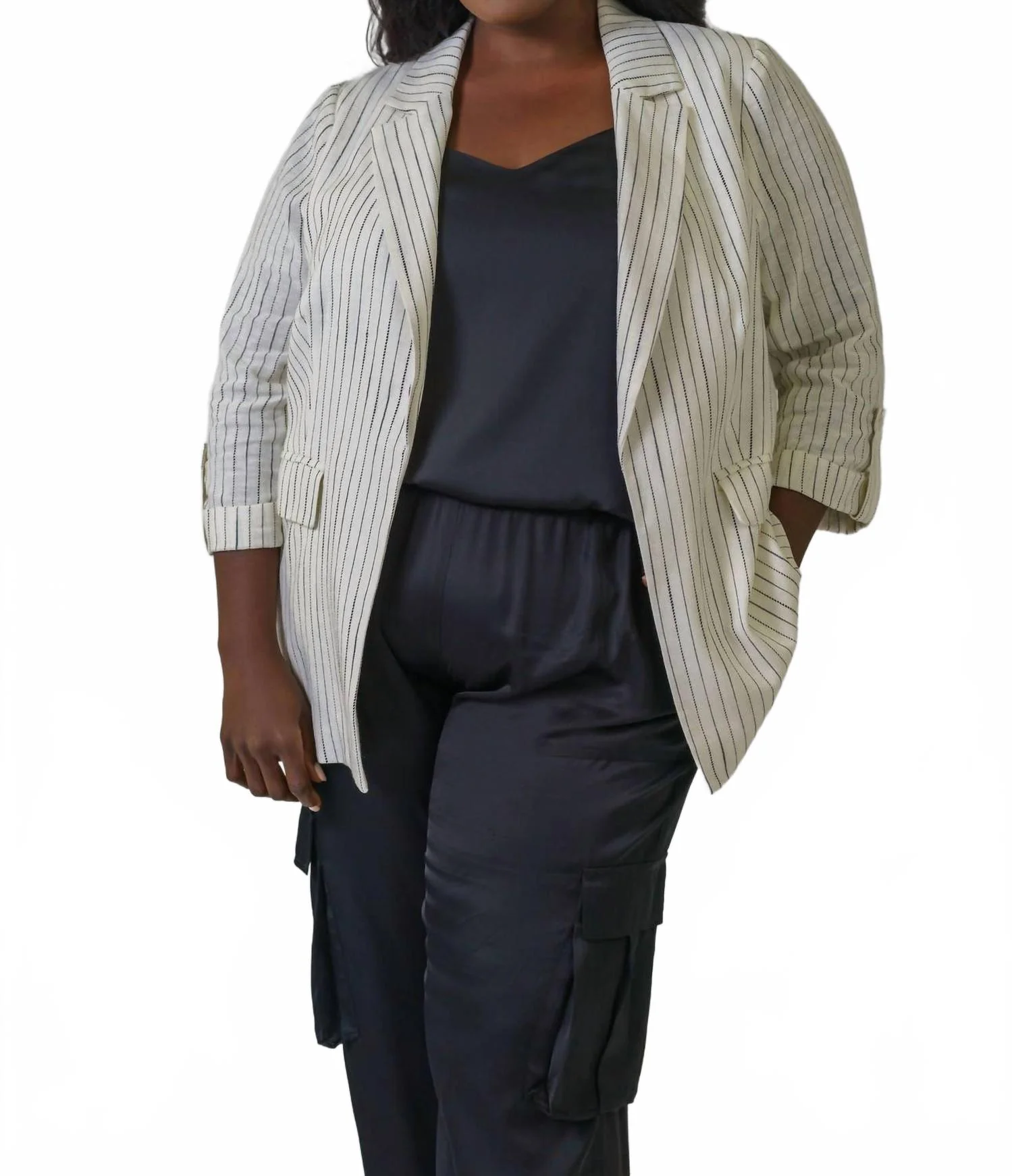 Linen Pinstripe Cuffed Blazer - Plus Size In Off White & Black