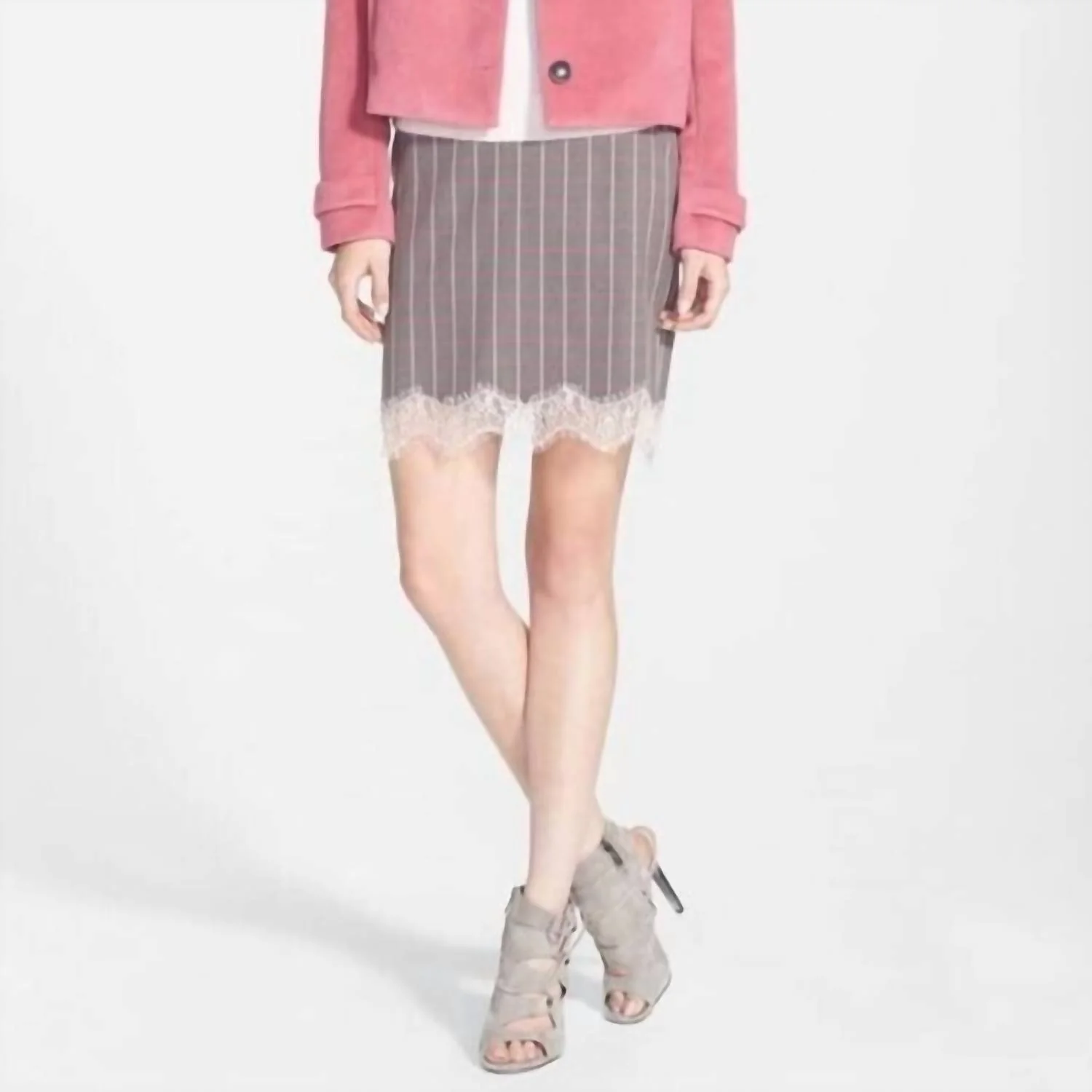 Lace Trim Plaid Pencil Skirt In Cream