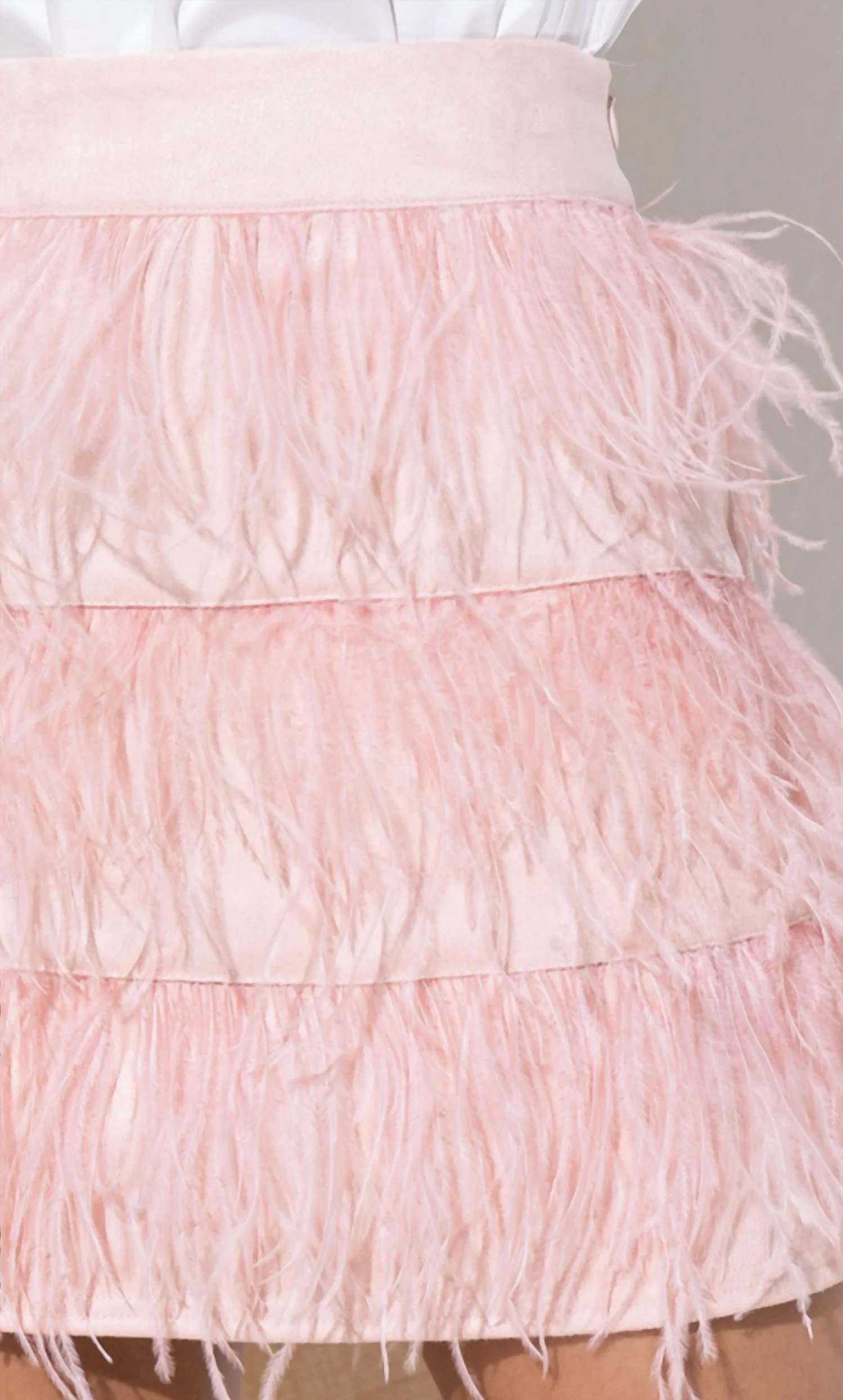 Suede Ostrich Tiered Fur Mini Skirt With Side Zipper In Pink