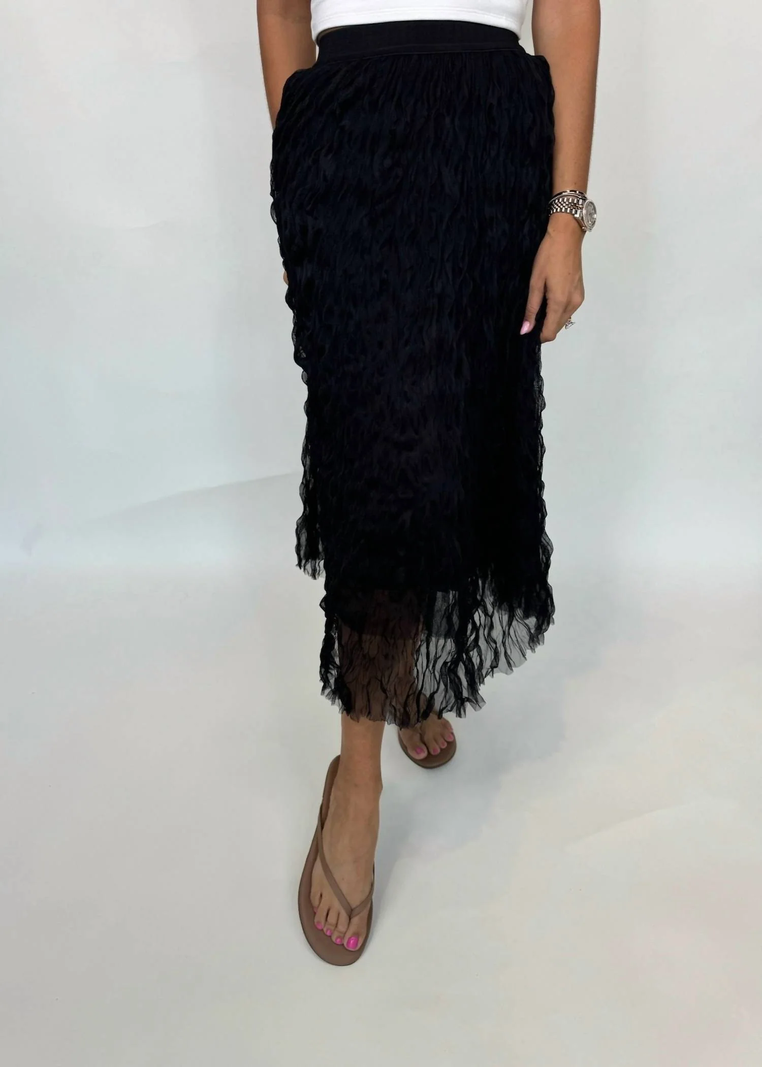 Chiffon Crinkled Midi Skirt In Black