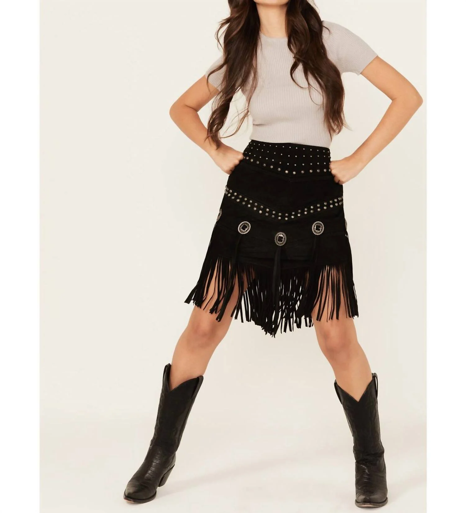 Lamb Suede Fringe Midi Skirt In Black