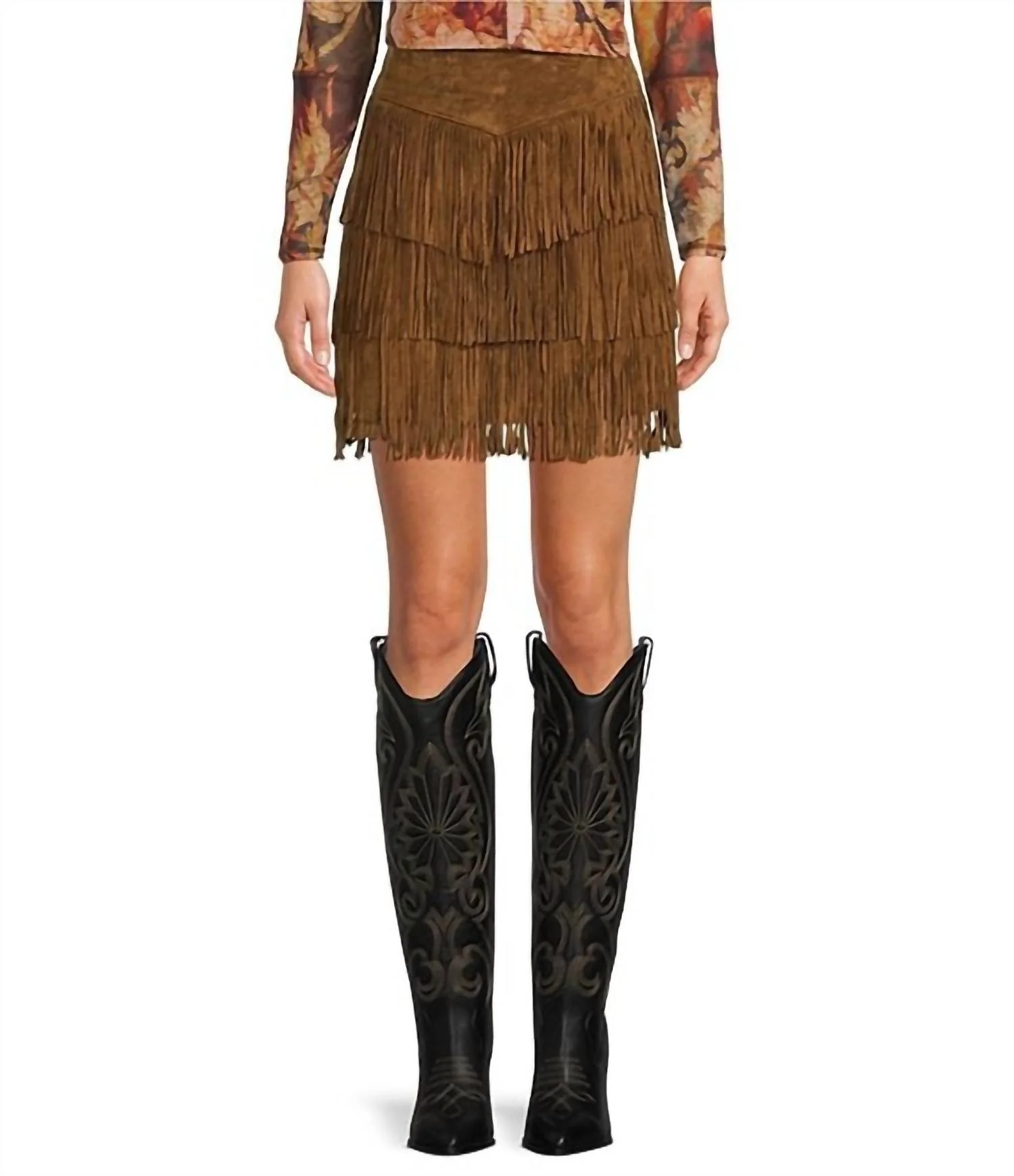 Suede Fringe Short Skirt In Cinnamon
