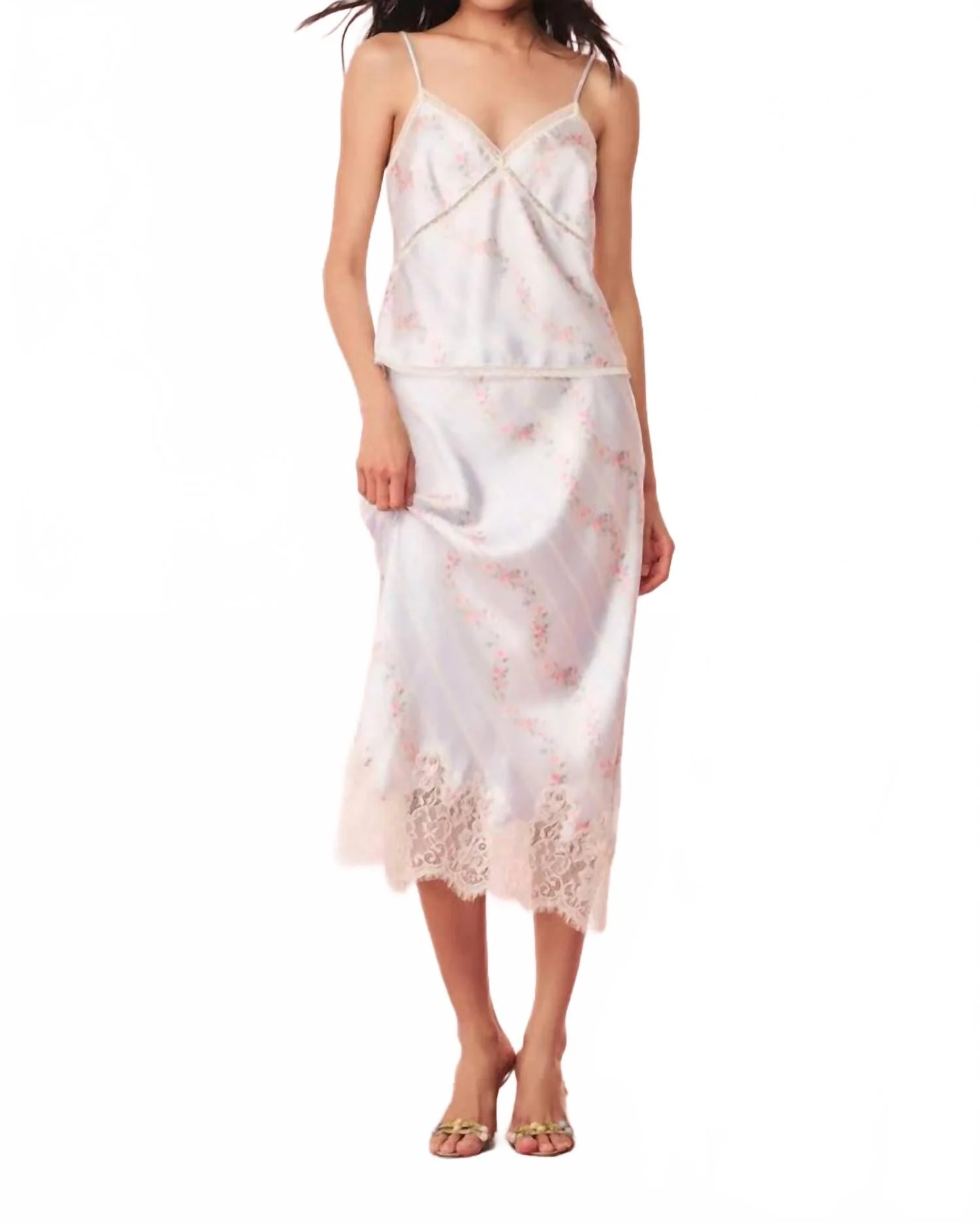 Malina Satin Floral Midi Slip Skirt In Wavecrest Blue