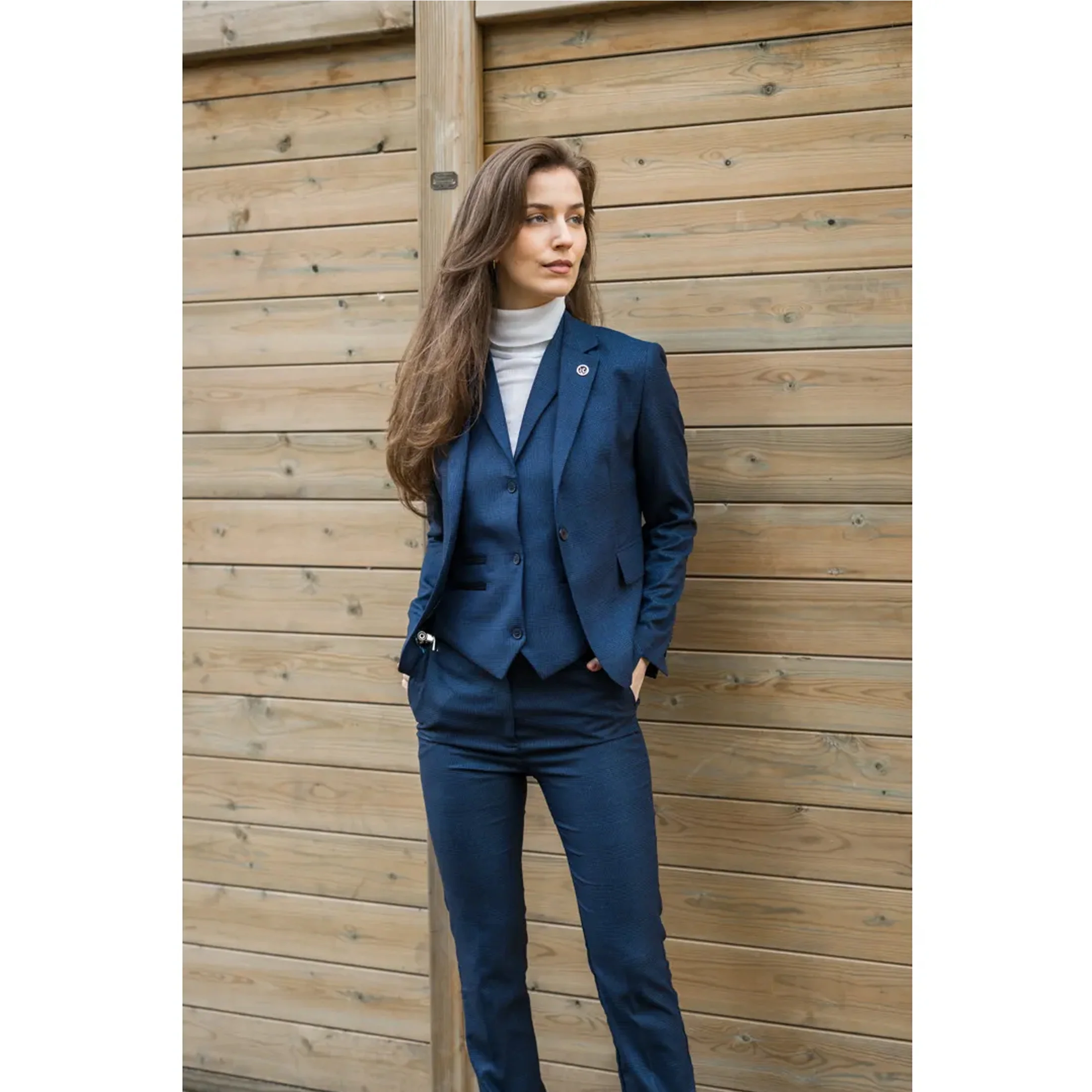 Women's Navy Three-Piece Tailored Fit Suit in Prince of Wales Check