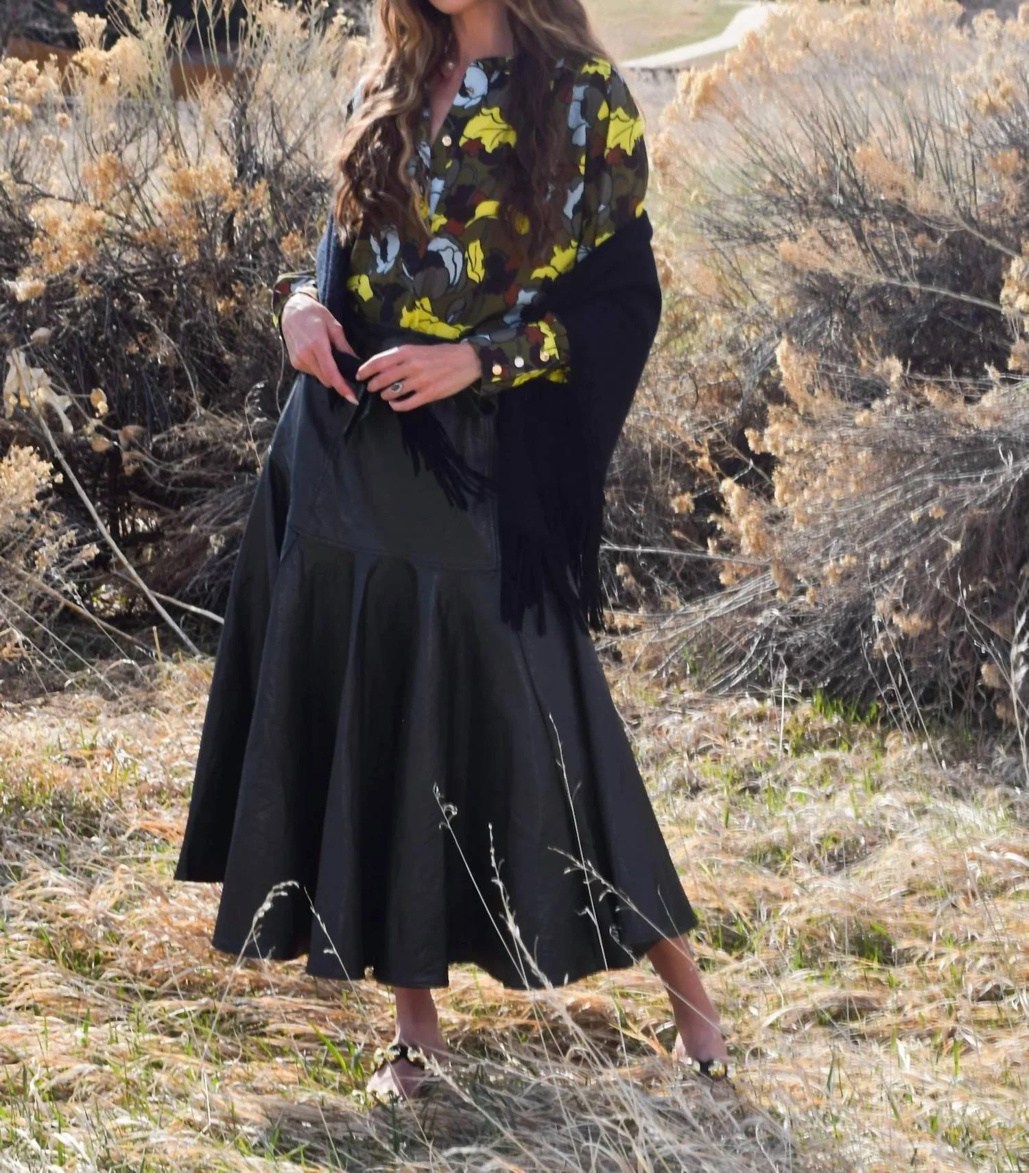 Prairie Midi Skirt In Olive Faux Leather