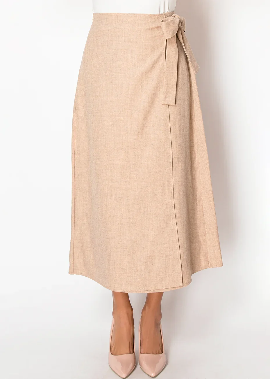 Classic Beige Wrap Midi Skirt