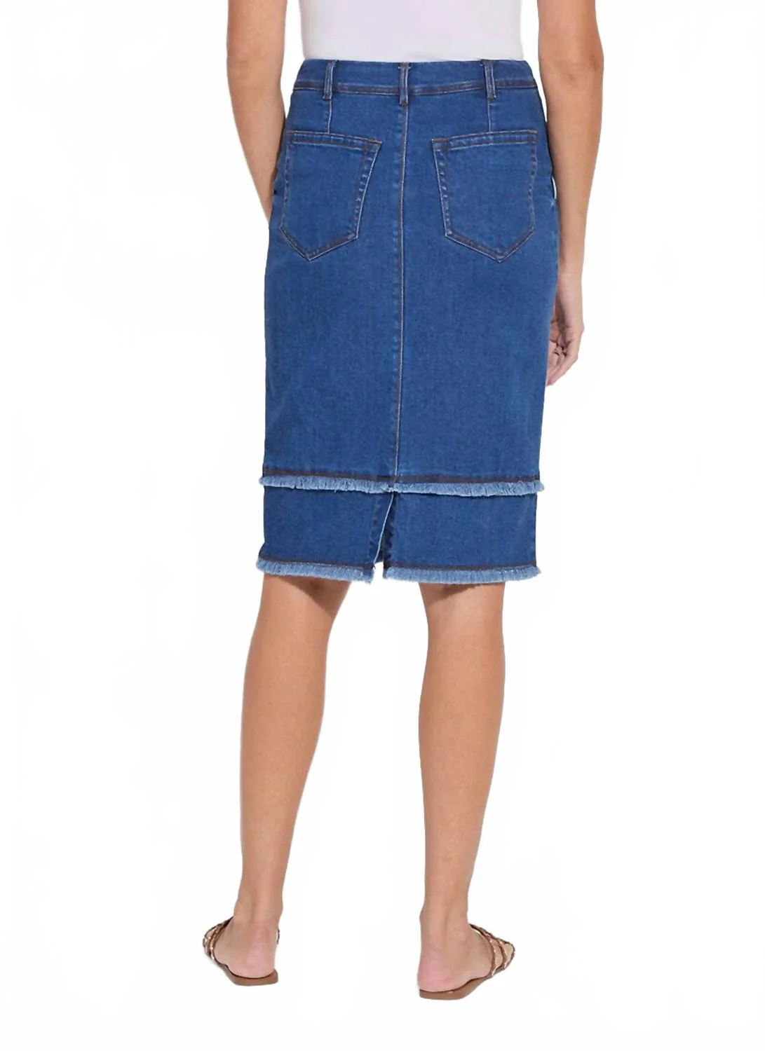 Evelina Fringed Denim Pencil Skirt In Mid Wash