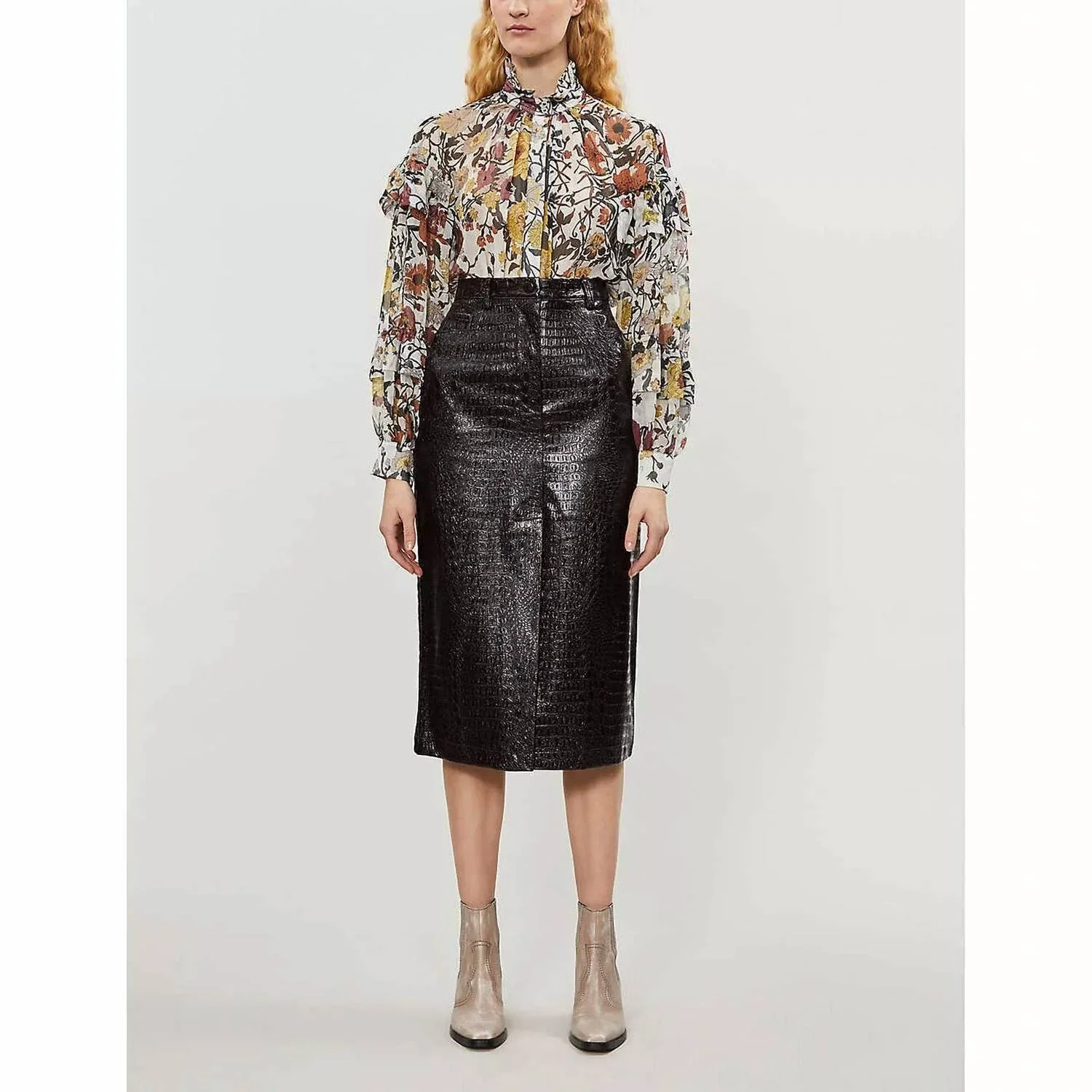 Croc Embossed Vinyl Faux Leather Pencil Skirt In Brown