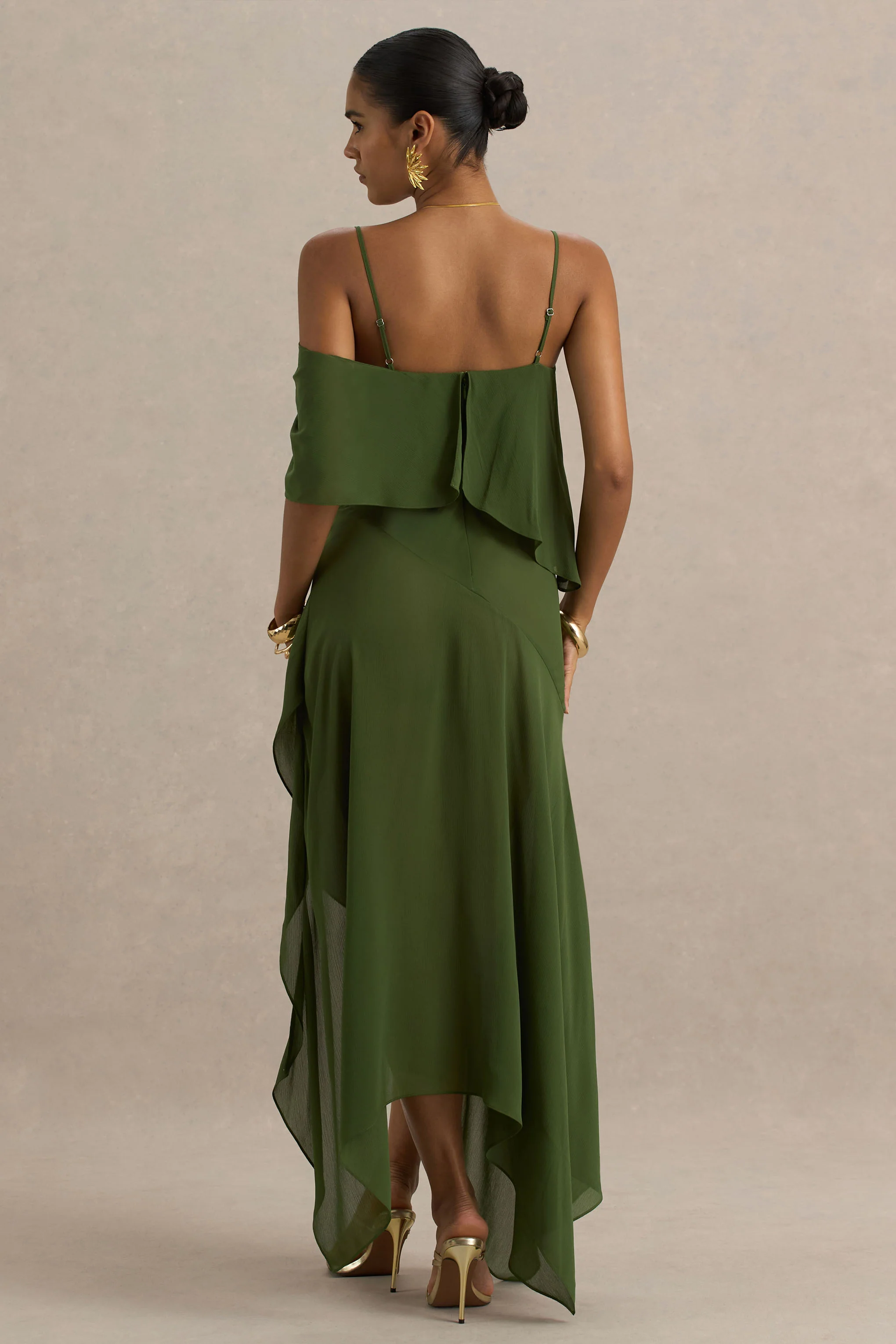 Tiara | Green Asymmetric Midi Dress With Draping Detailing and Open-Back