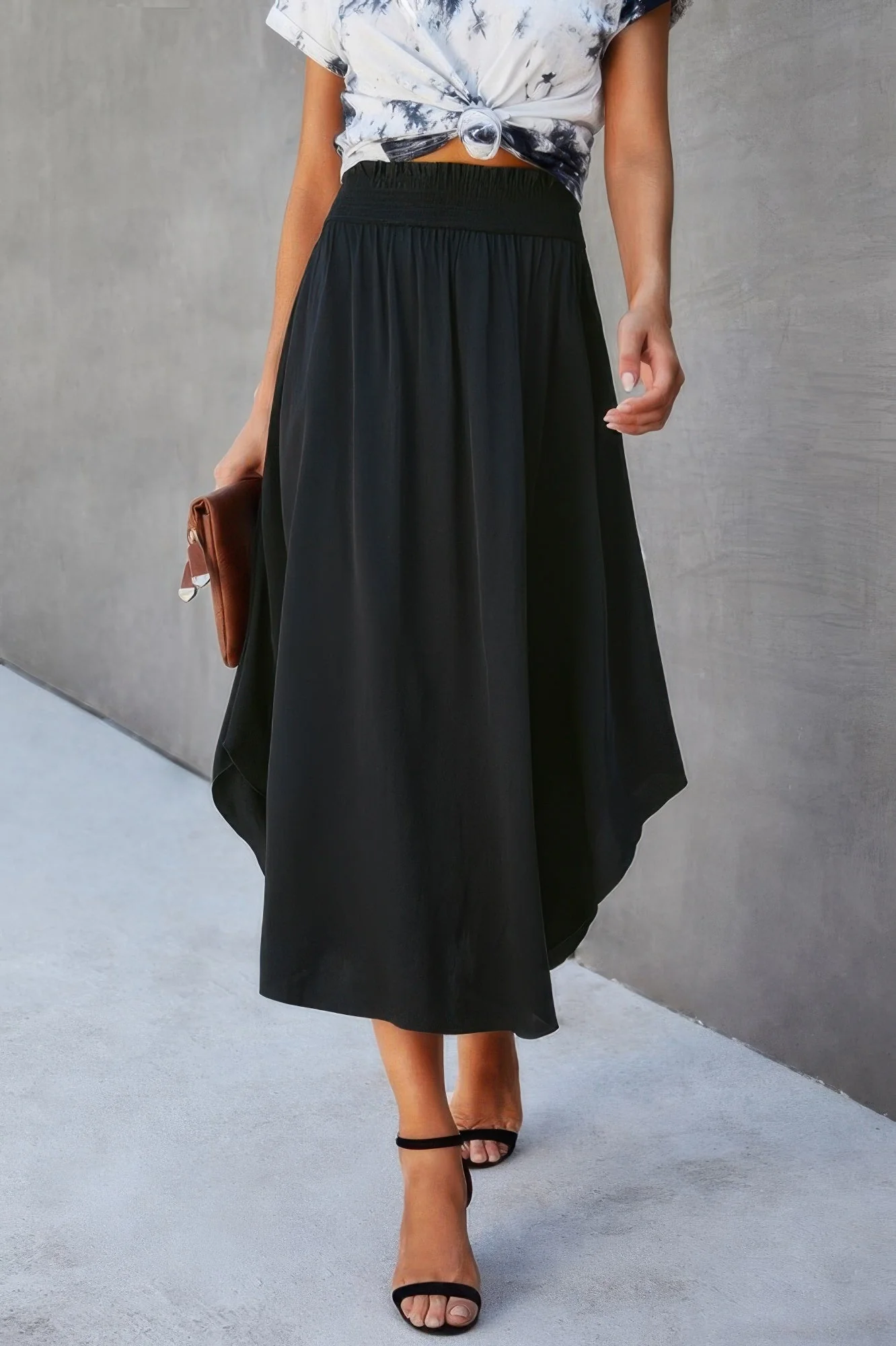 TRUEDAMES Solid Shirred Waist Asymmetrical Hem Flared Skirt