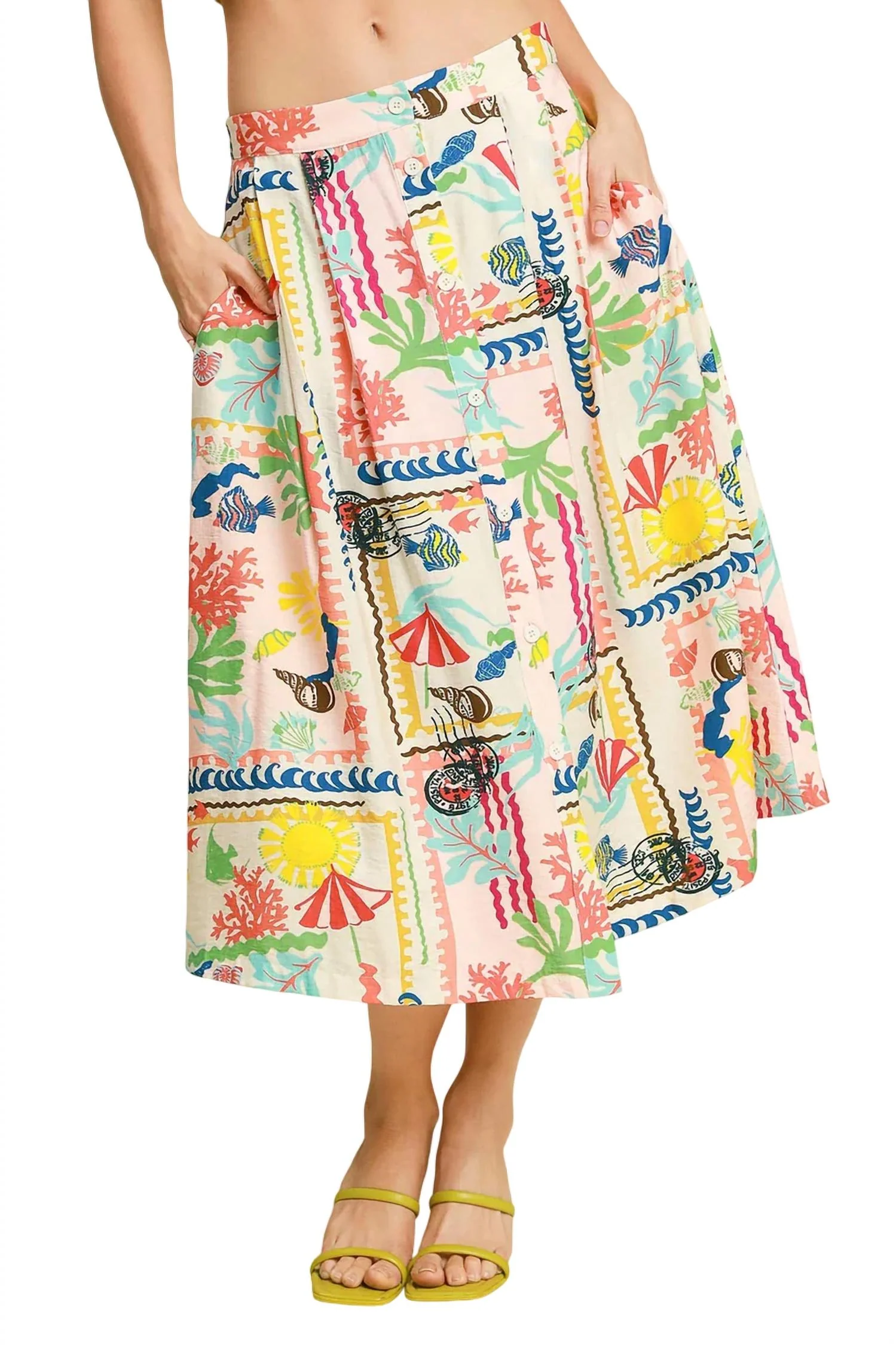 Abstract Print Front Button Down Skirt In Multi