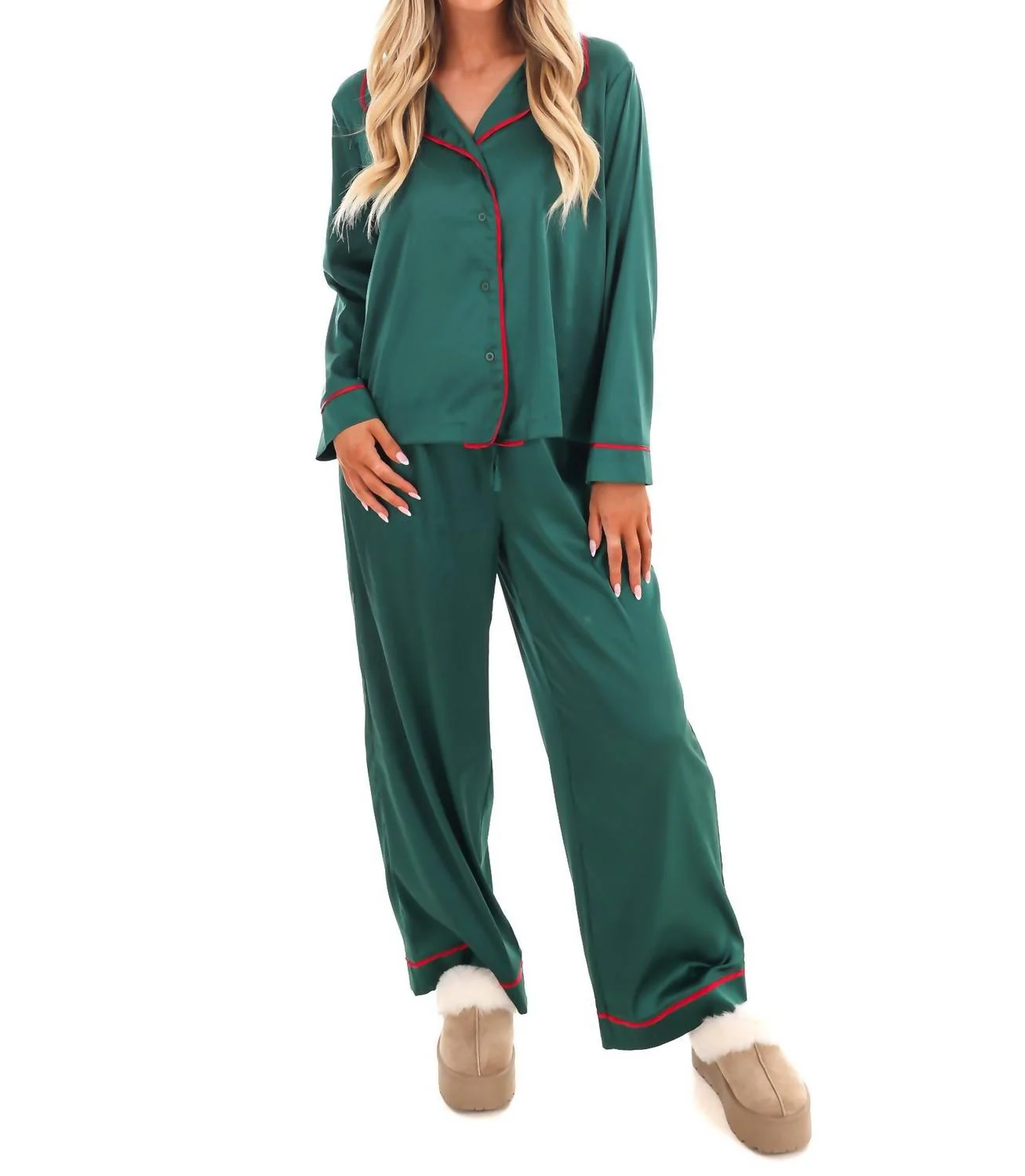 Cozy Claus Satin Christmas Pajamas In Green