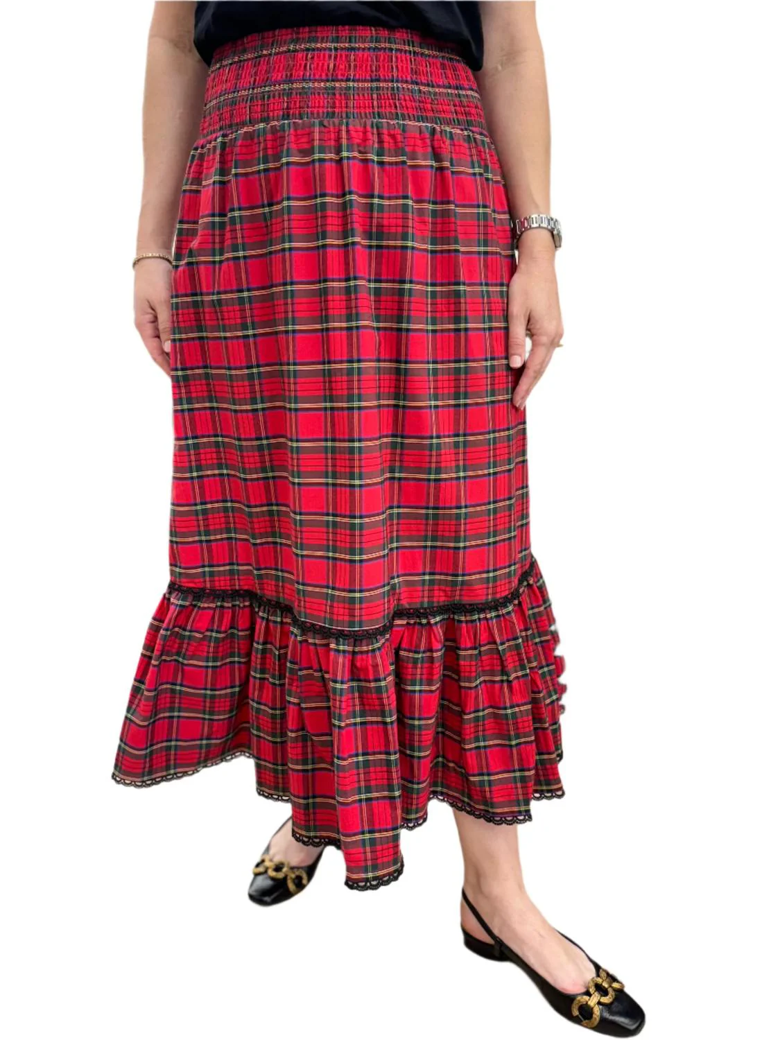 Smocked Waist Midi Skirt In Tartan