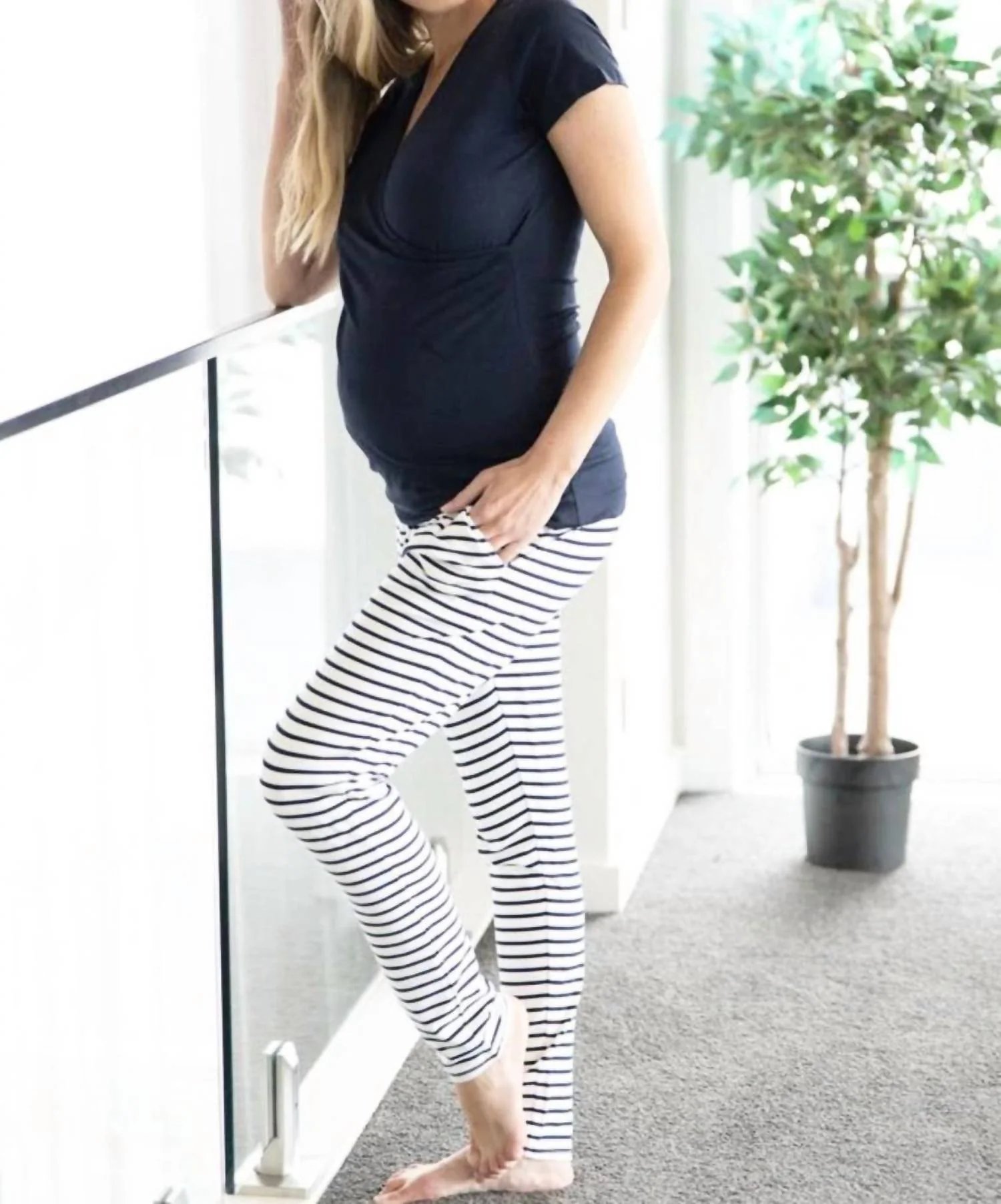 Nursing Top + Striped Pants Set In Navy