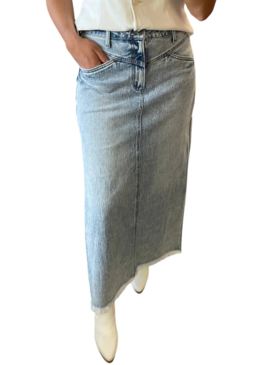 Mid Rise Front Flap Midi Skirt In Light Denim