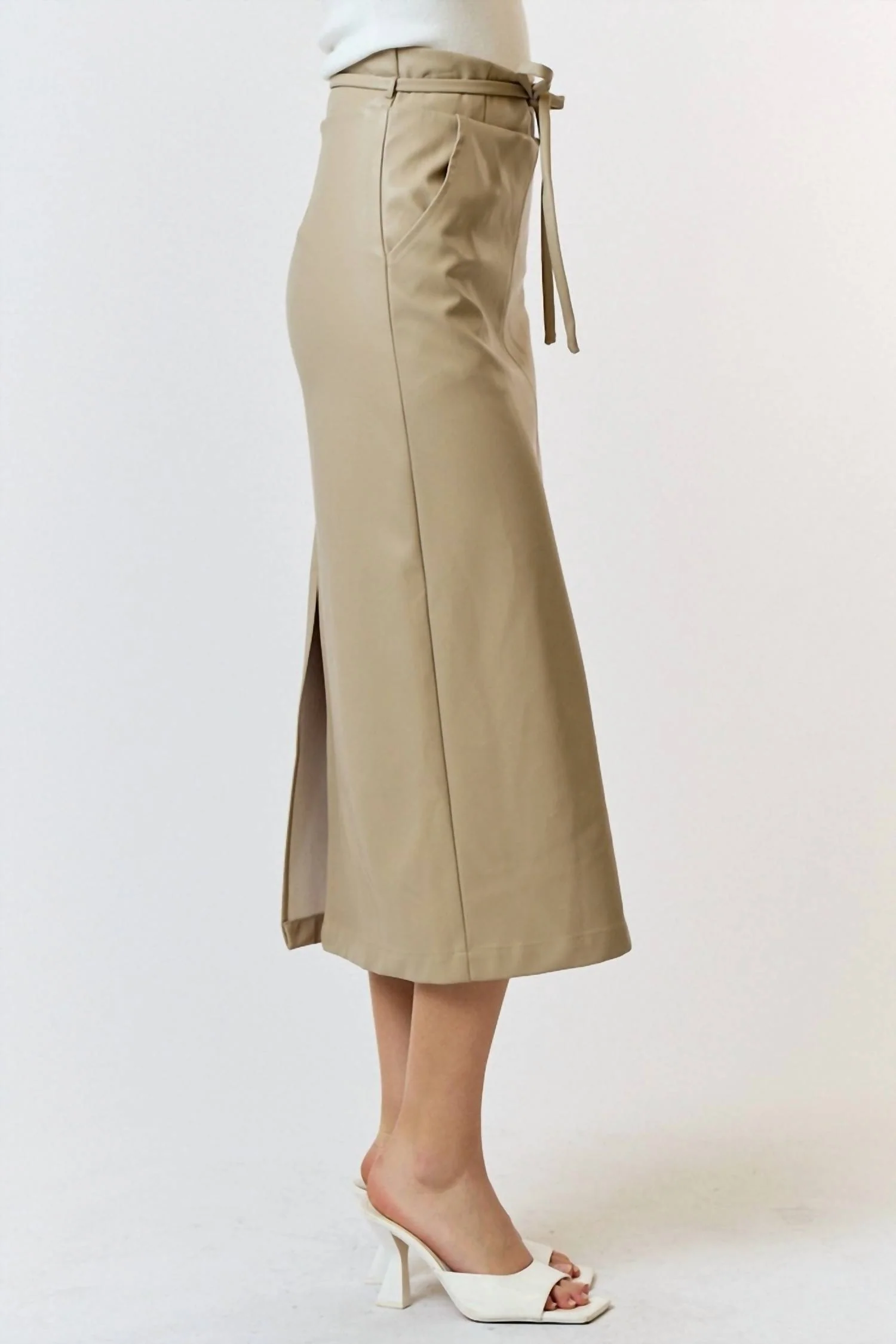 Polyurethane Leather Waist Tie Midi Skirt In Taupe