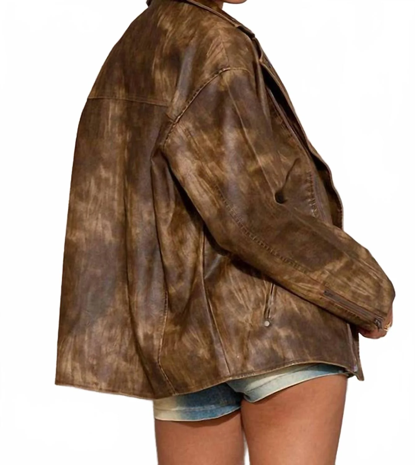 Oversized Vintage Textured Vegan Leather Jacket In Brown