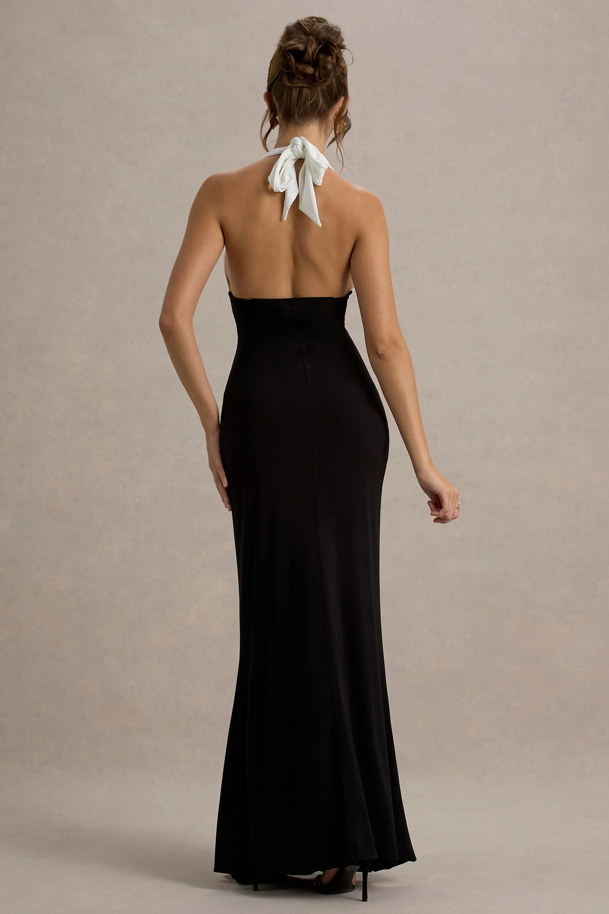 Payton | Black & White Ruched Halter-Neck Maxi Dress