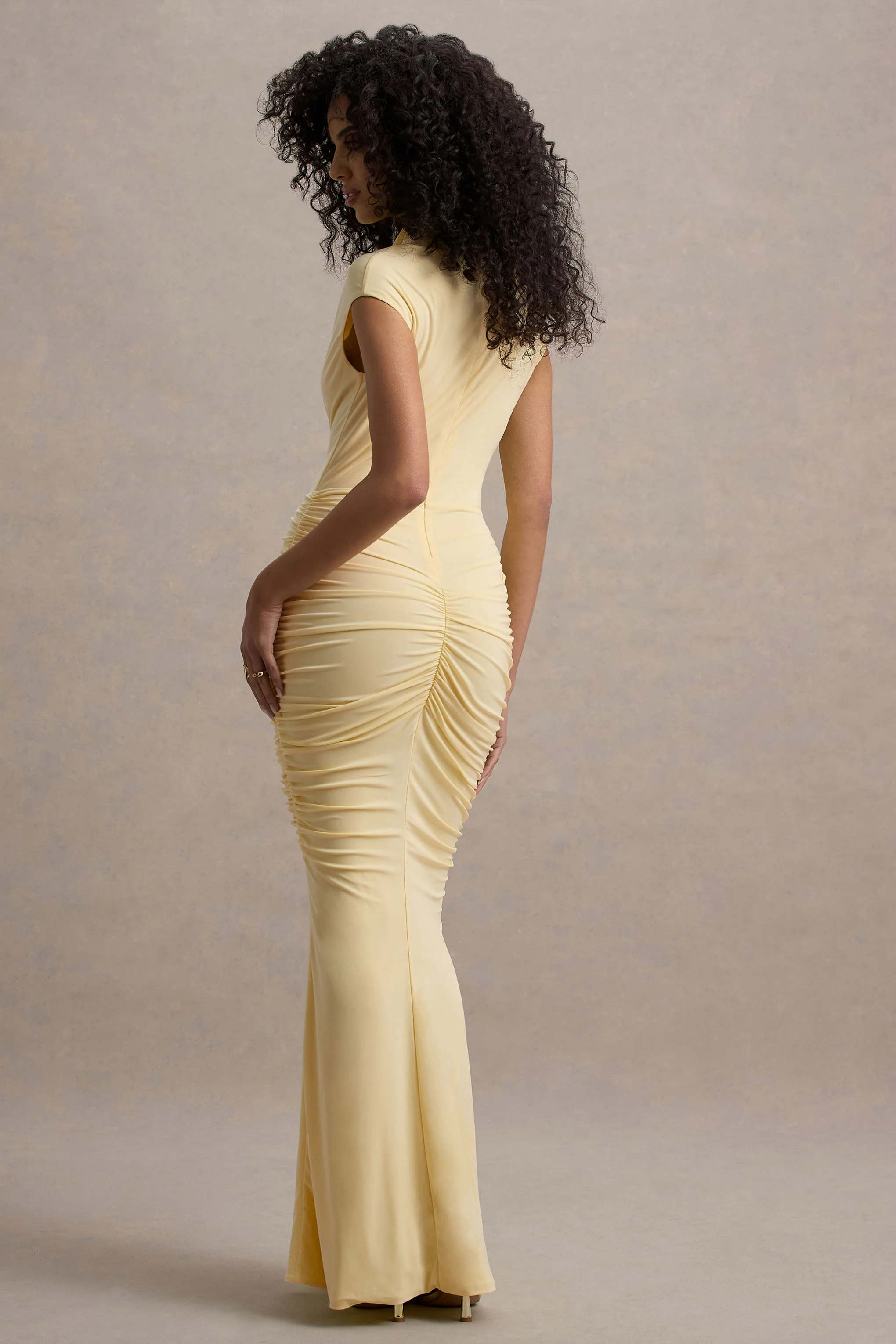 Lorenza | Pale Lemon High-Neck Ruched Maxi Dress With Draped Skirt