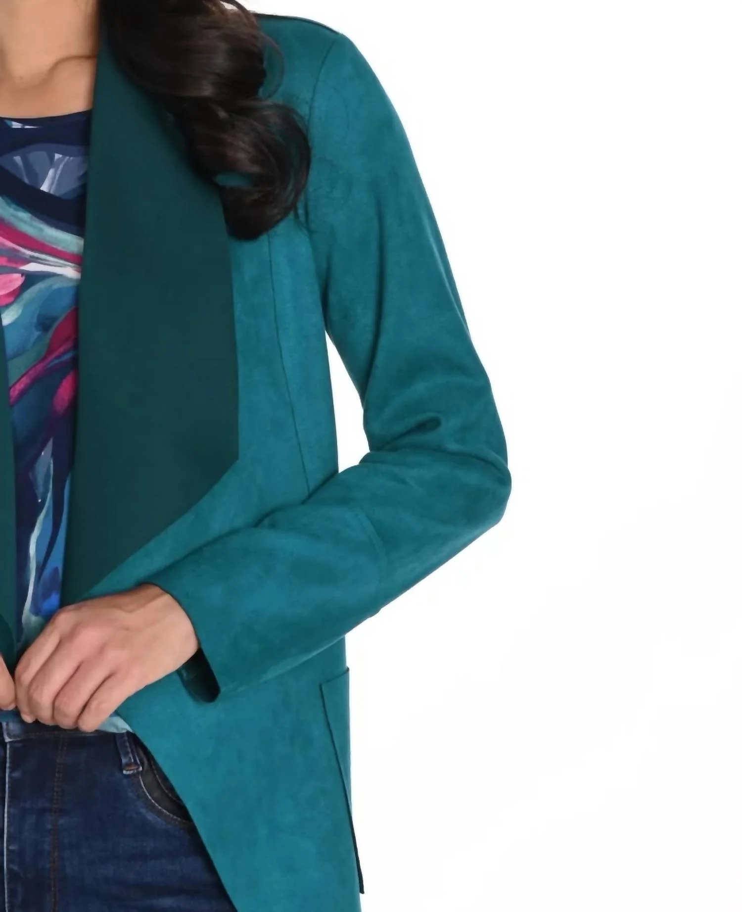 Faux Suede Knit Jacket In Teal