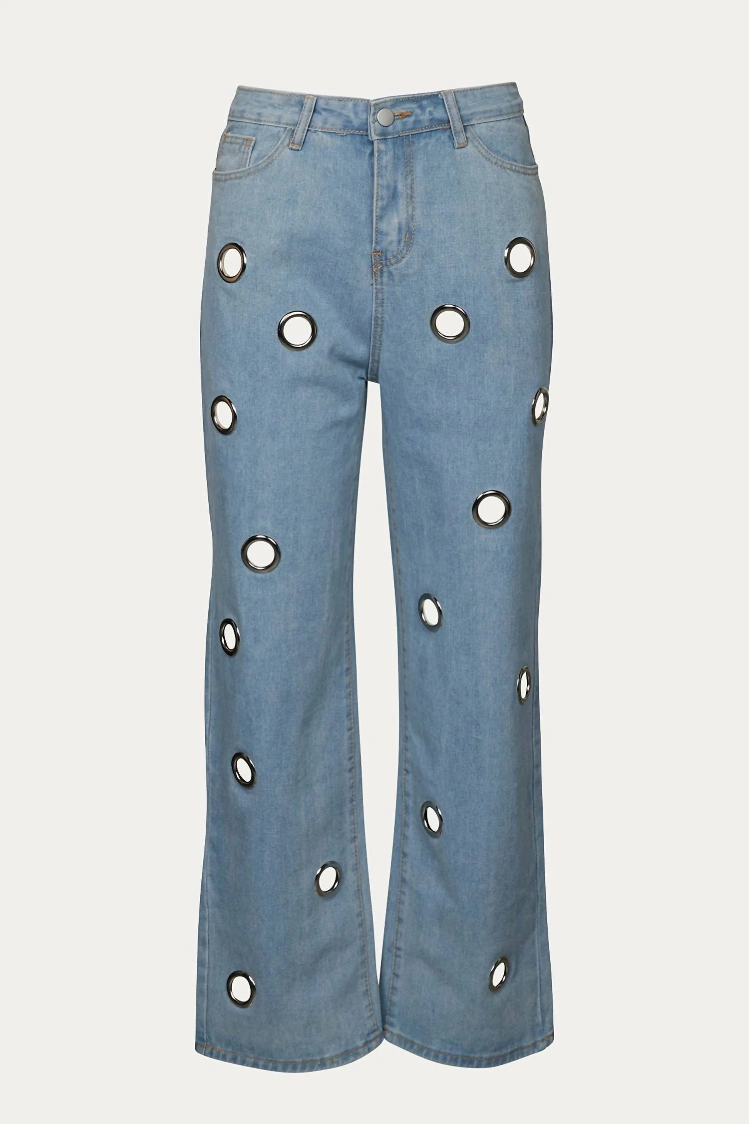 High-Rise Straight Leg Grommet Jeans In Light Blue