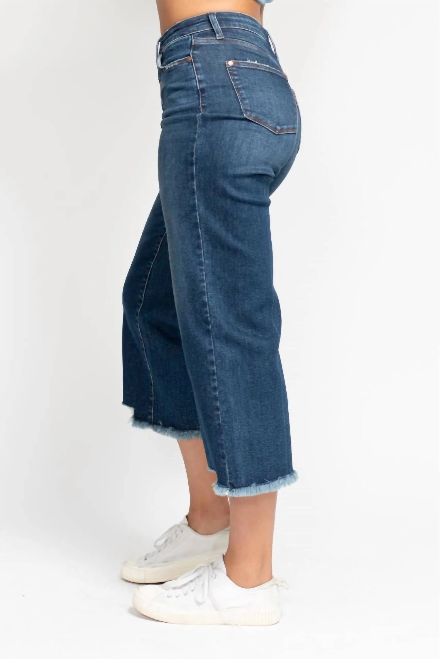 High Waist Button Fly Destroyed Hem Crop Wide Jean In Medium Wash