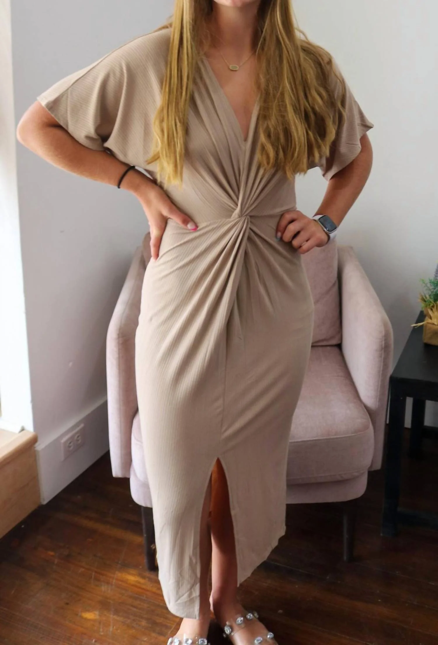 Angelina Twisted Dress In Taupe